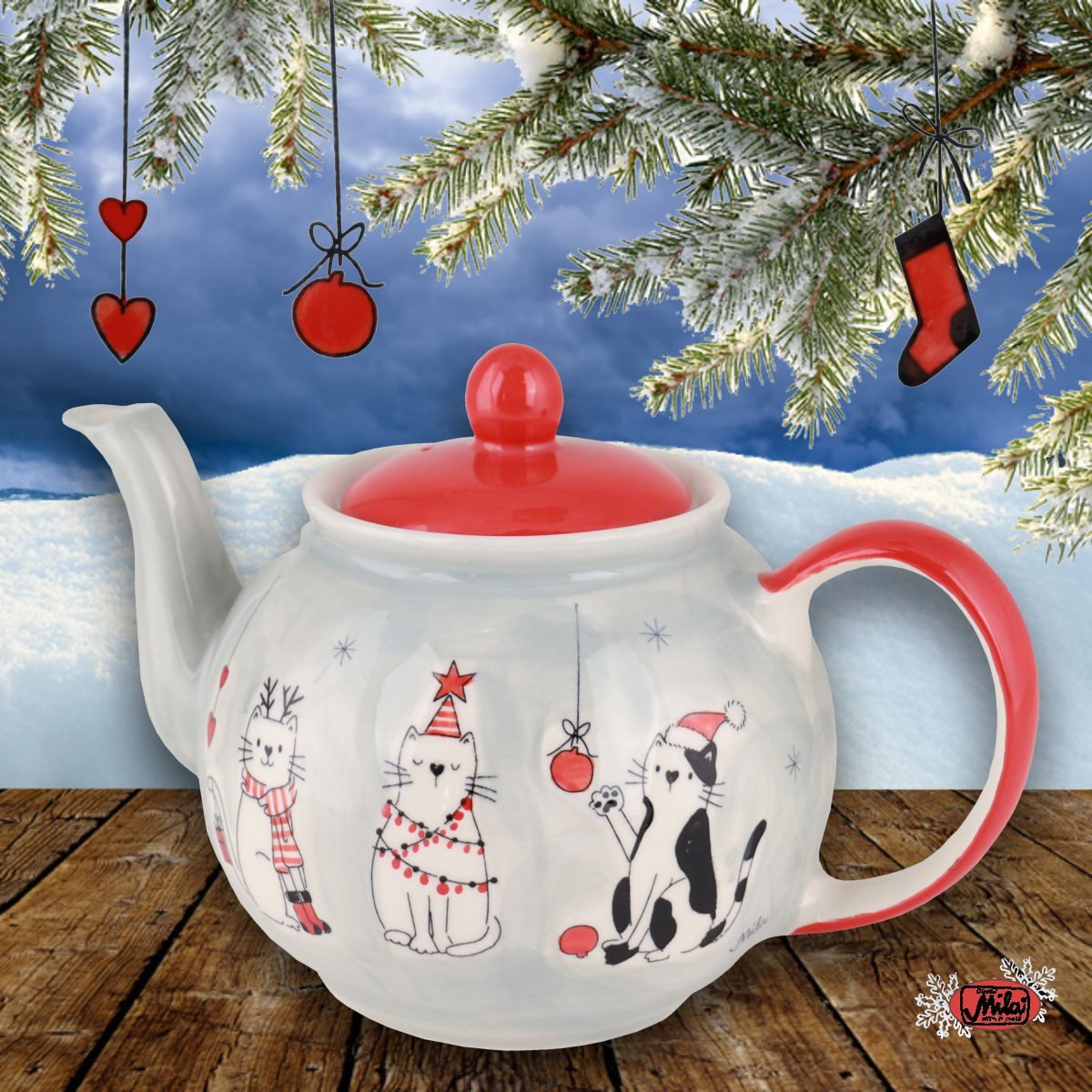 Mila Teekanne Mila Keramik-Teekanne X-Mas Cats, ca 1,2 Liter, 1,2 l, (Stück, 1 Teekanne mit Deckel)