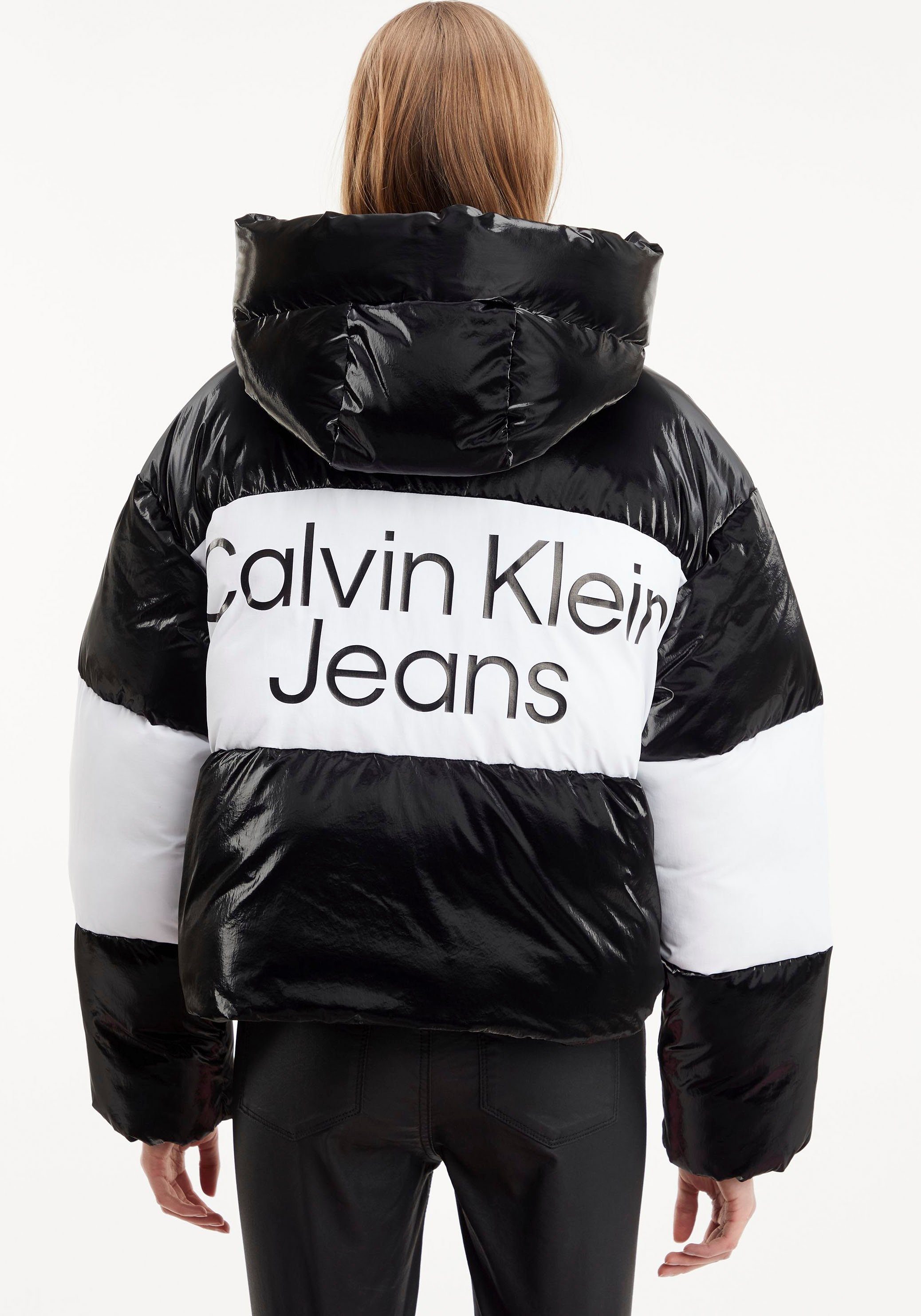 PUFFER Calvin Klein CROPPED Steppjacke BLOCKING Kapuze Jeans mit