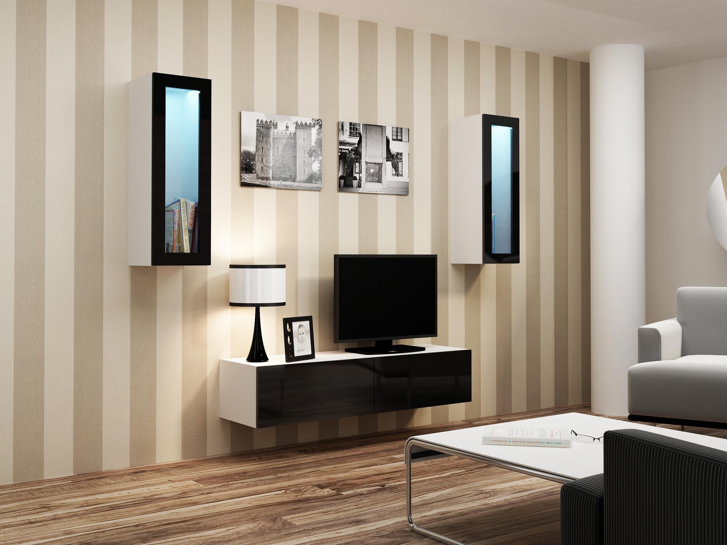 Stylefy Wohnwand Vago VIII, (Set (3-St), Wohnmöbel, Wohnzimmer-Set), bestehend aus 1xLowboard und 2xHängevitrine, Glaselemente, mit Push-to-Open, inkl. LED-Beleuchtung Weiß/Schwarz
