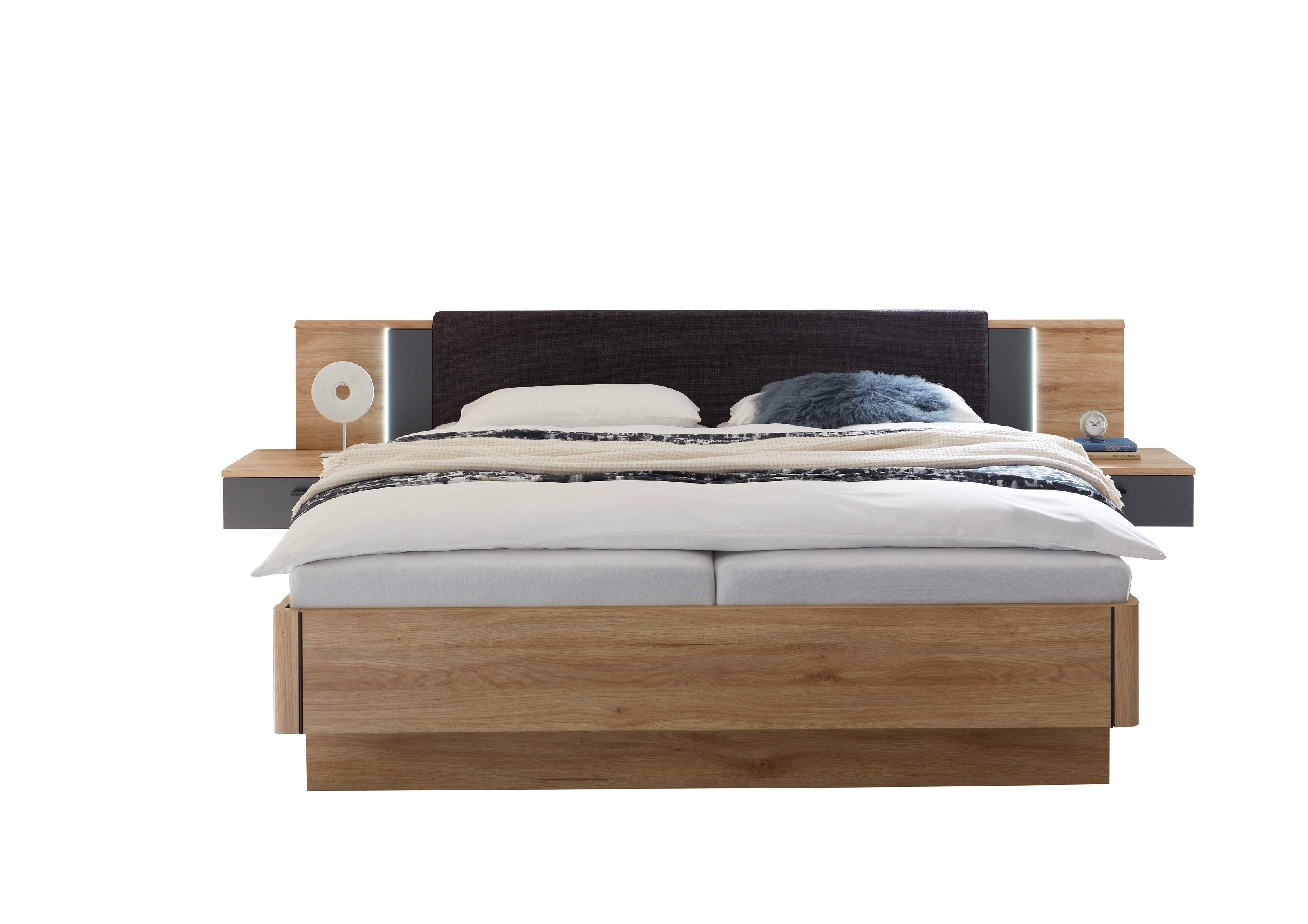 PREISBRECHER Bettanlage Aschau, LED, 2 Schübe, Mauvella Eiche Dekor / Graphit - 305x93x210cm (BxHxT)