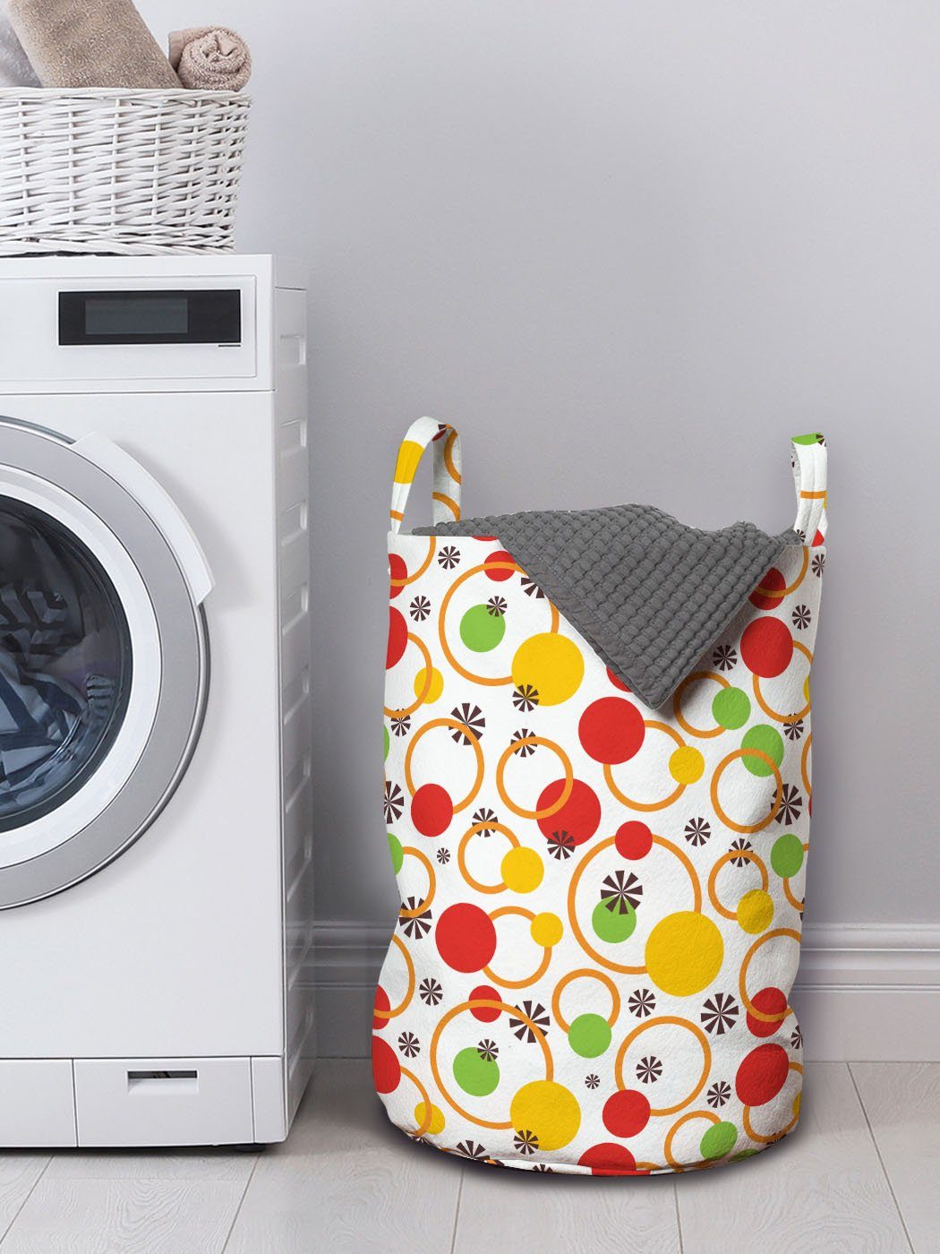 Abakuhaus Waschsalons, Wäschekorb mit Kordelzugverschluss Wäschesäckchen Dots Kreise Bunt für Design Griffen