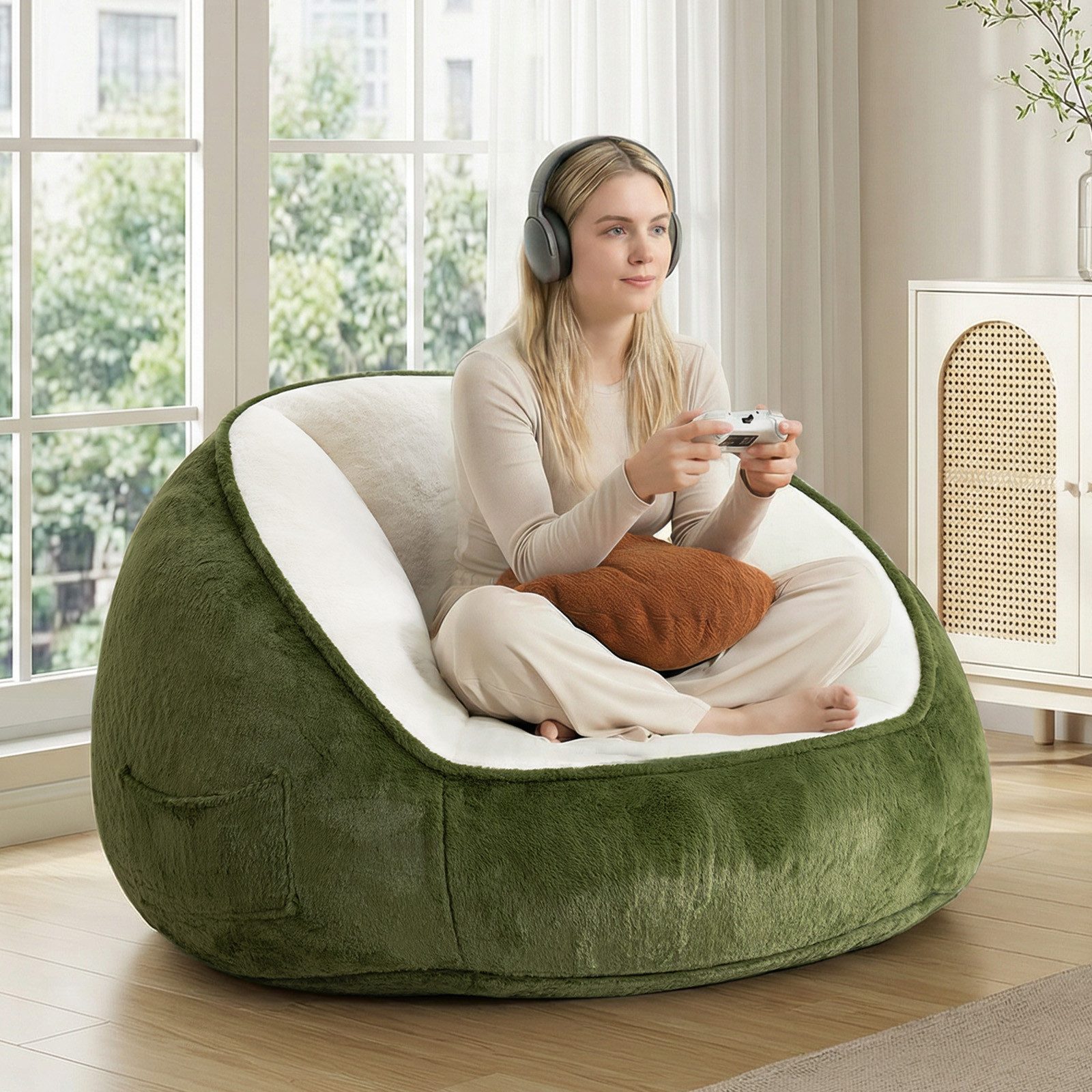 Insma Sitzsack XL 120cm Übergroßer Beanbag Sessel mit Kissen Loungesessel, Bodensofa mit Seitentasche für Wohnzimmer & Schlafzimmer, Avocadogrün