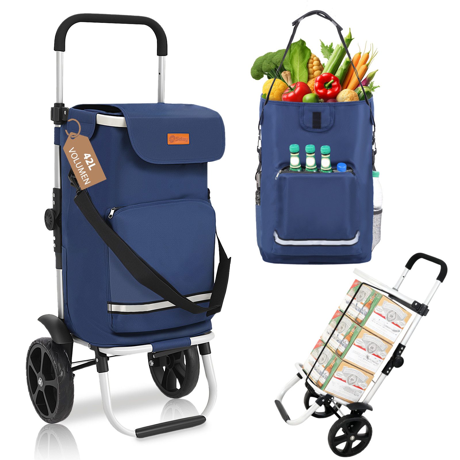 Sekey Einkaufstrolley 3-in-1 mit Kühlfach und Spanngurt, Faltbarer Einkaufswagen 42L & 35kg, 3-in-1 Trolley, Sackkarre & Umhängetasche, Ideal für Einkäufe