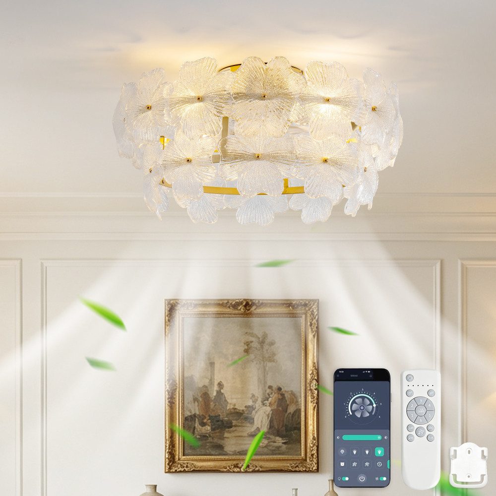 BBG Deckenventilator 19-Zoll-Deckenventilator mit Kristallglas, 6 Geschwindigkeitsstufen, DC-Motor, Vorwärts- und Rückwärtslauf, App- und Fernbedienung