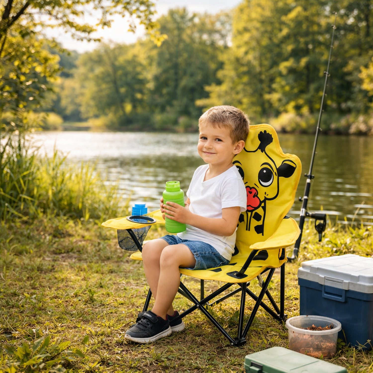 Mojawo Klappstuhl Kinder Anglersessel Gelb mit Getränkehalter und Tasche Motiv Giraffe – Bild 2 von 5