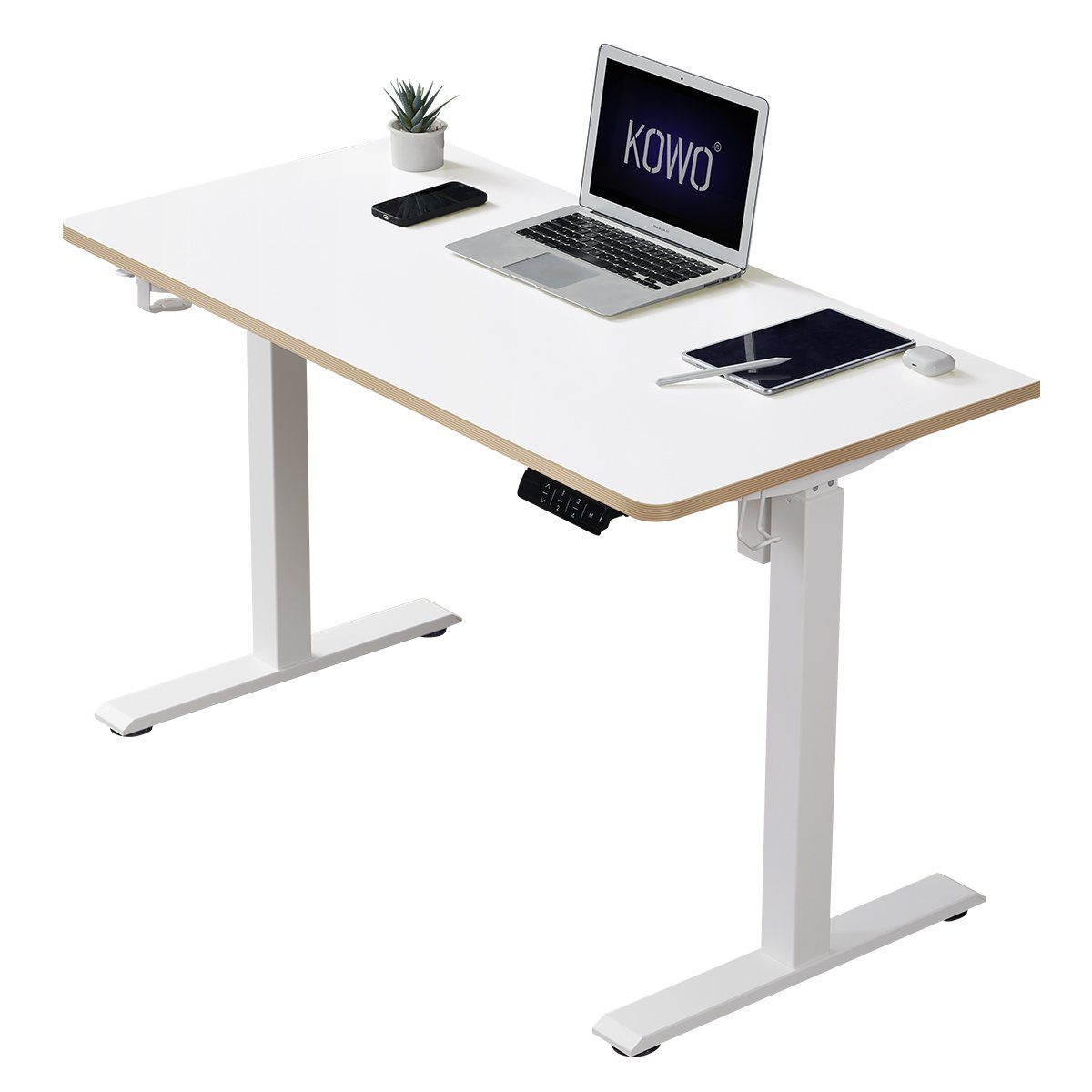 KOWO Schreibtisch 120cm / Elektrisch Weiß Bürotisch, 4 Memory-Steuerung, Home Touchscreen, 160cm Adapter Office, mit höhenverstellbar Schreibtisch USB mit