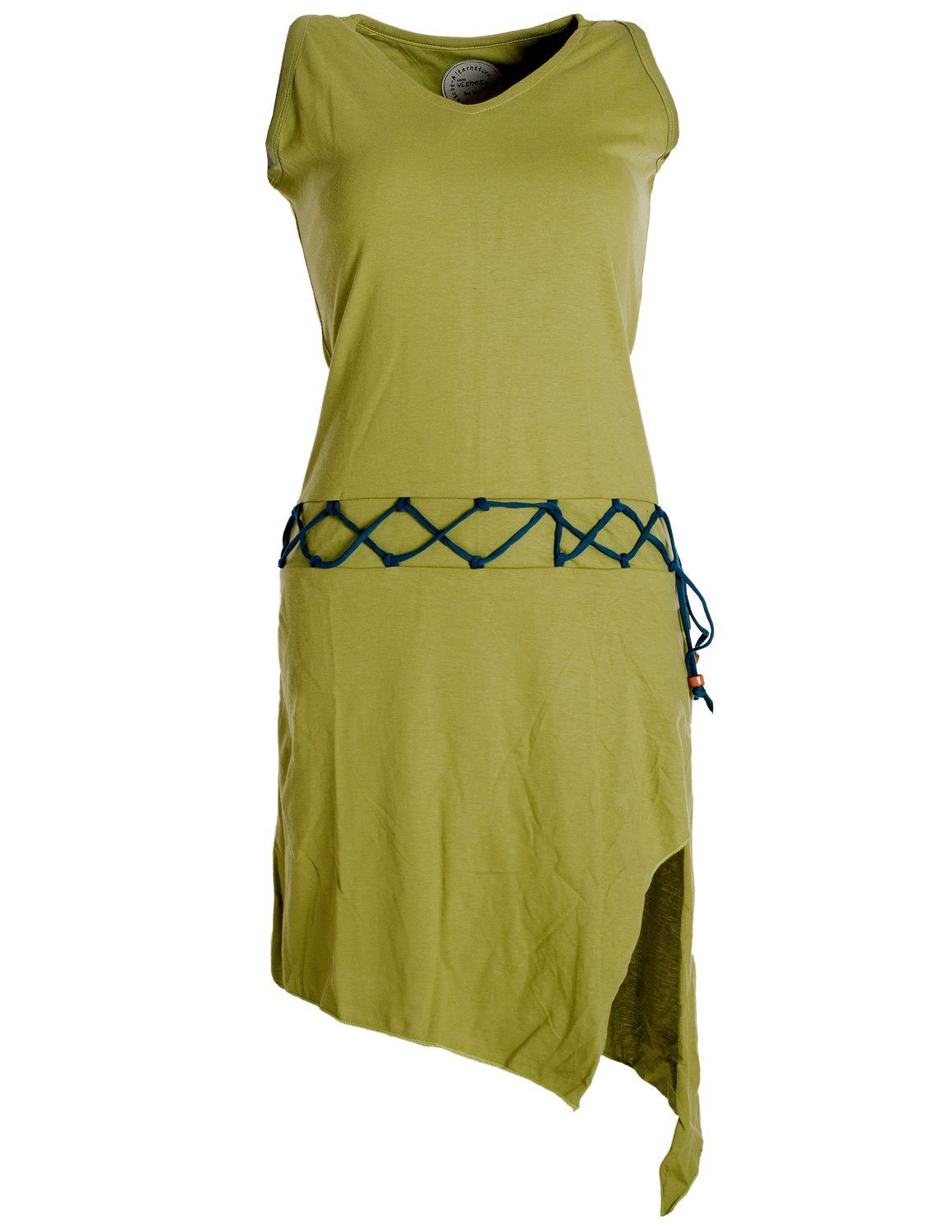 Vishes Sommerkleid Ärmelloses Kleid asymmetrisch Beinausschnitt Gürtel-Schnürung Hippie, Boho, Goa Elfen Style hellgrün