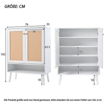 Ulife Schuhschrank aus natürlichem Rattan mit 2 Türen und 5 Regalboden Flur holz Griffe und Massivholzbeine, Maße: B76/H102/T40 cm