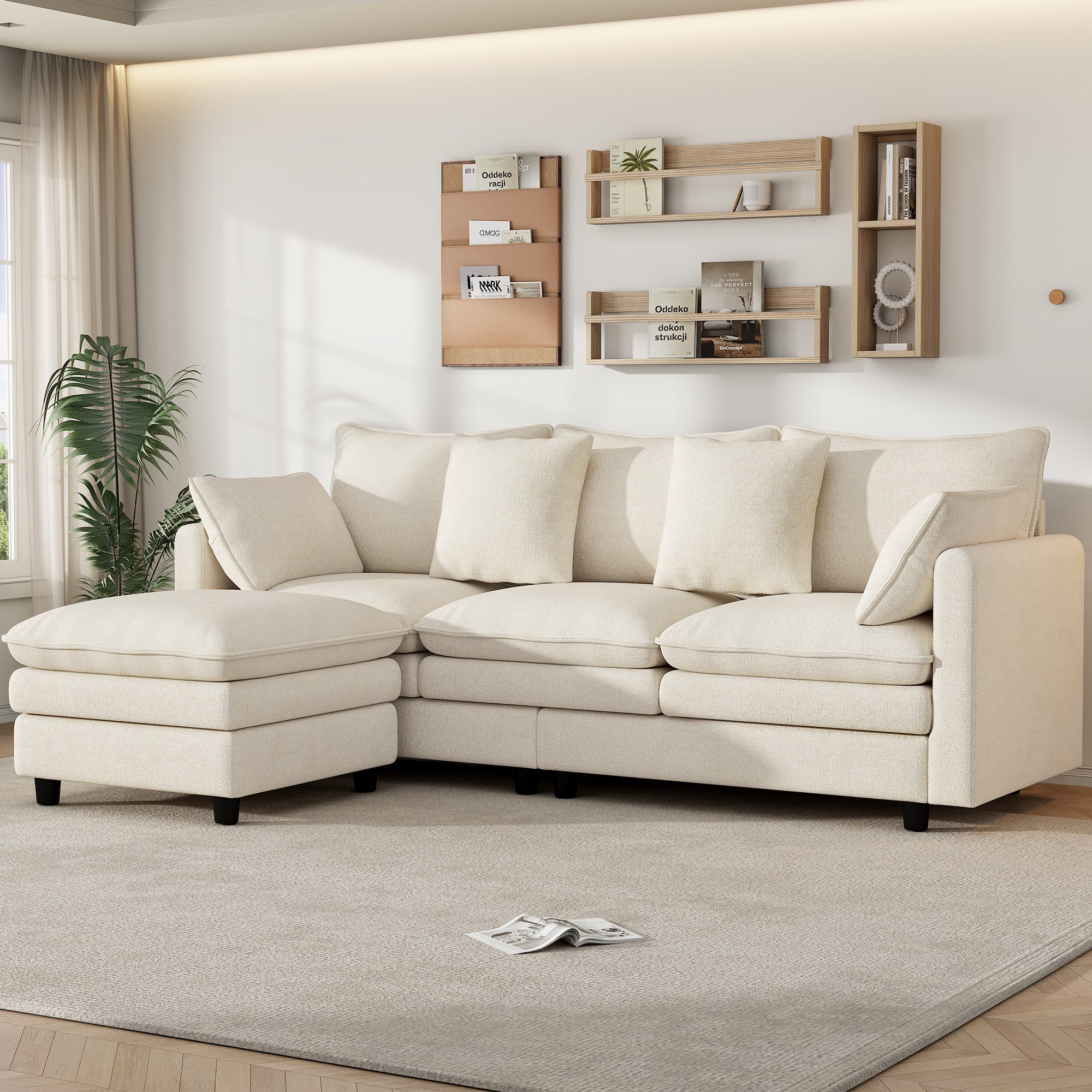 Merax Ecksofa aus Chenille, 3-Sitzer-Sofa mit Chaiselongue, 212 x 150 x 90 cm (L x B x H) 1 Teile, Sofa mit 4 Zierkissen & 3 Rückenlehnen, Flexibel L-förmiges Sofa