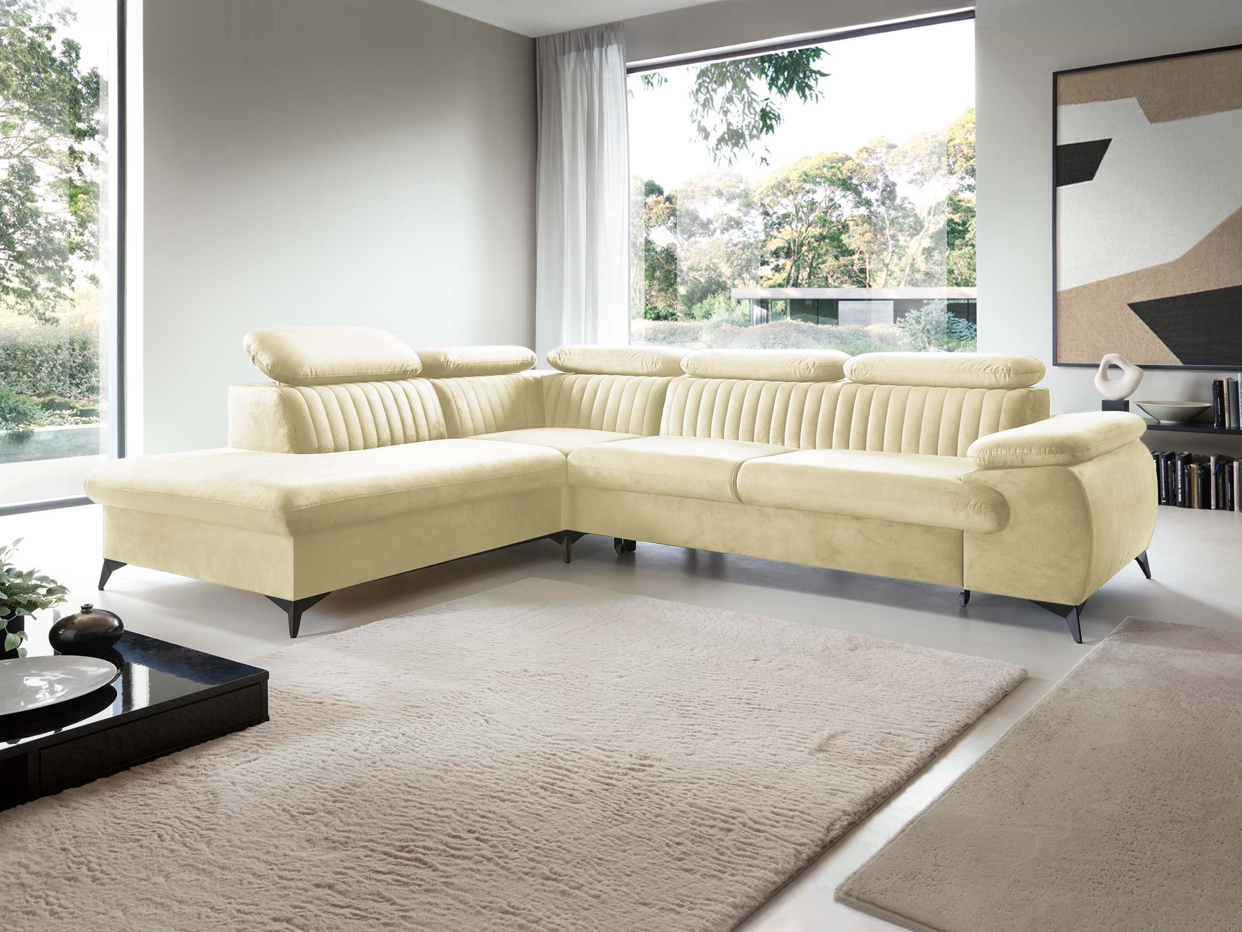 Goldstoff Ecksofa mit Schlaffunktion und Bettkasten, Federkern Schlafsofa