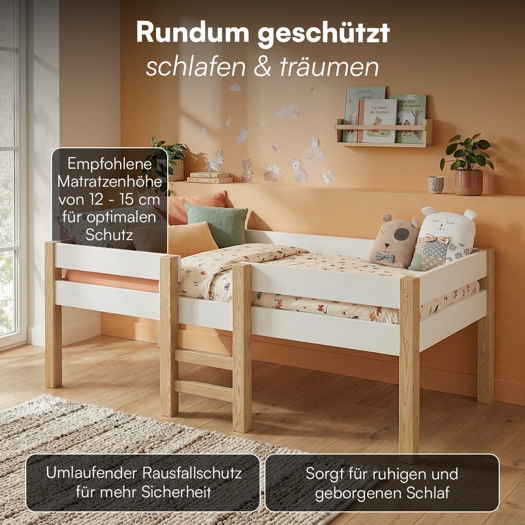 Bellabino Hochbett Aspy mit Rausfallschutz und Lattenrost 90x200 cm (natur / weiß, mit Matratze) verfügbar in verschiedenen Ausführungen – Bild 4 von 5