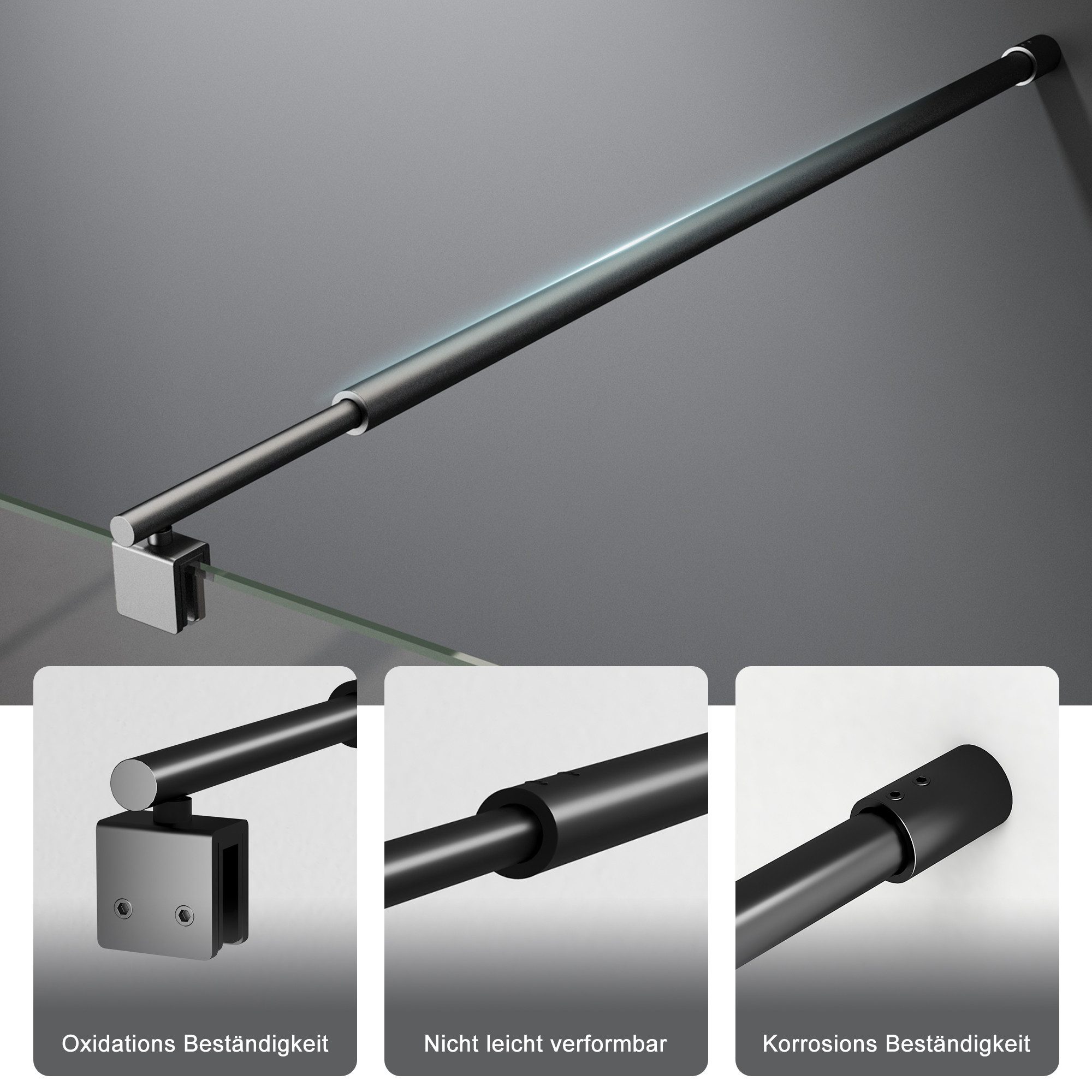 Boromal Duschwand-Stabilisationsstange Schwarz für 8-10mm haltestange duschwand 73-123cm 180° Drehbar, (Stabilisator, Rund), für Walk In Duschwand Duschabtrennung Duschkabinen
