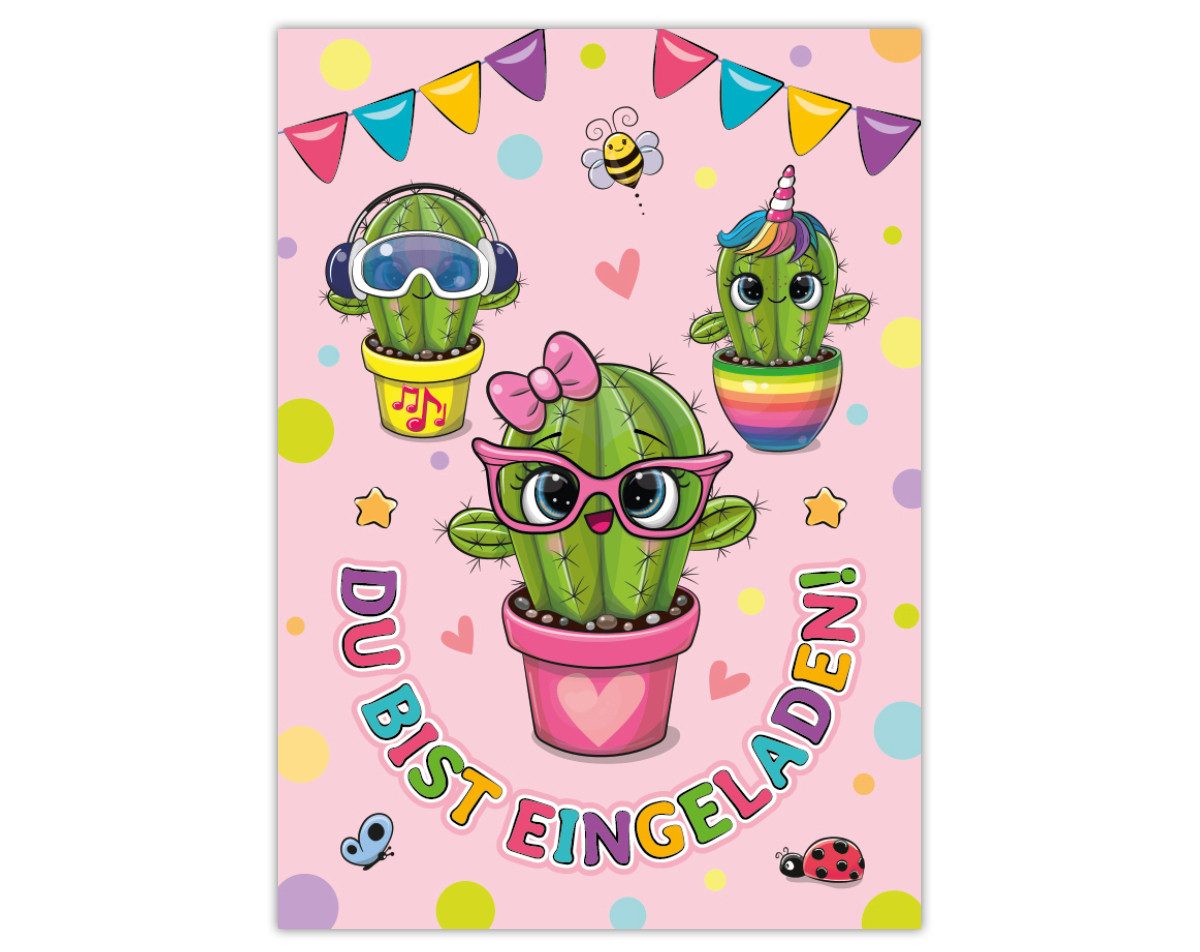 JUNAPACK Einladungskarten Kaktus Einladungen zum Kindergeburtstag Blumen Karten Mädchen, Einladungskarten mit einem Kaktus Motiv für Kinder