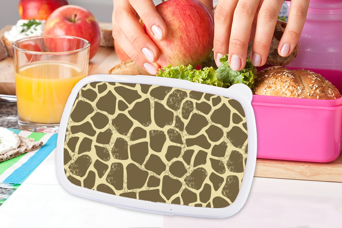 Brotbox MuchoWow Erwachsene, Kunststoff rosa Snackbox, - Fell, (2-tlg), Kinder, Mädchen, - Kunststoff, Lunchbox Brotdose für Giraffe Muster