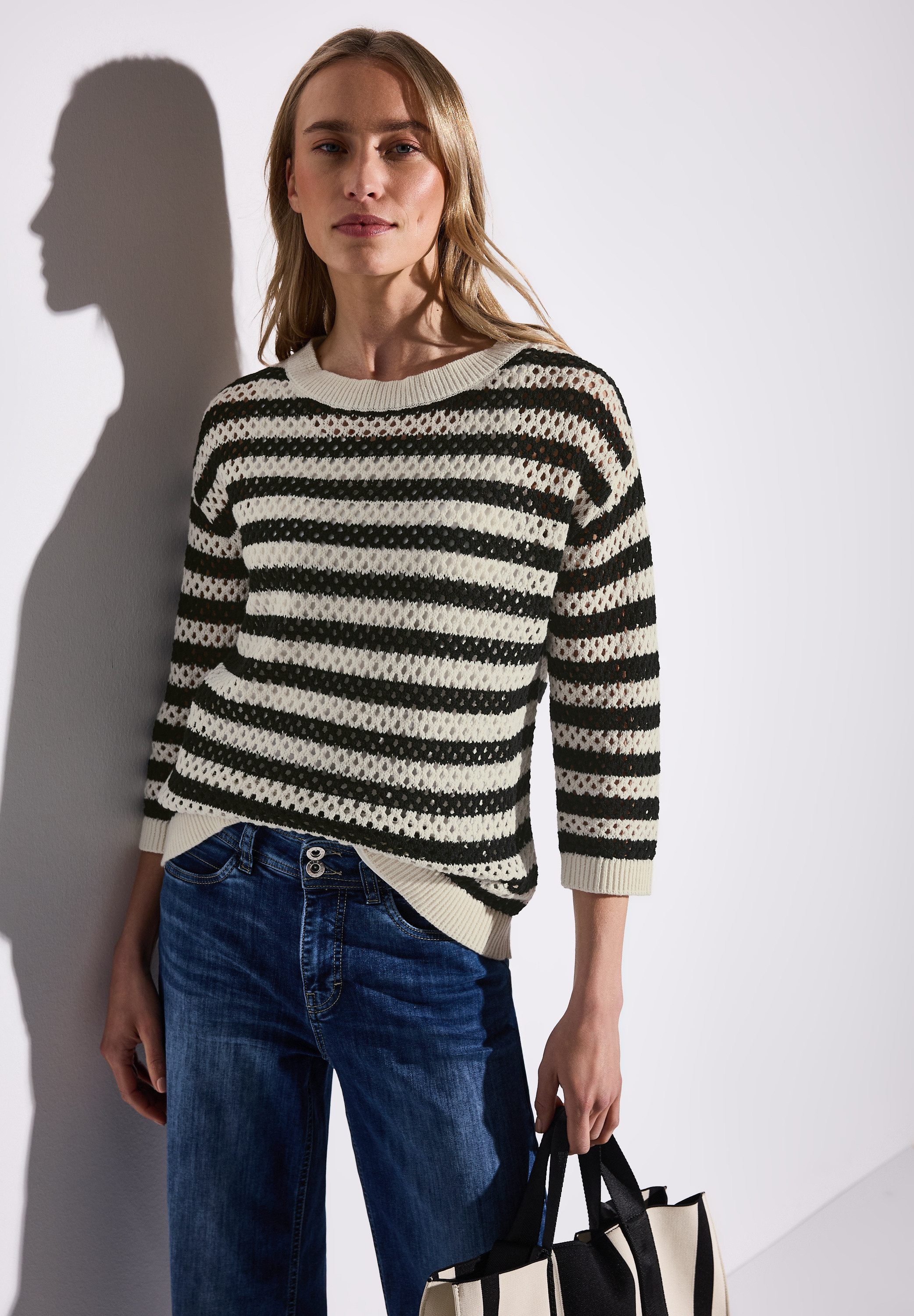 STREET ONE 3/4 Arm-Pullover mit Streifen und Lochmuster, Pulli mit