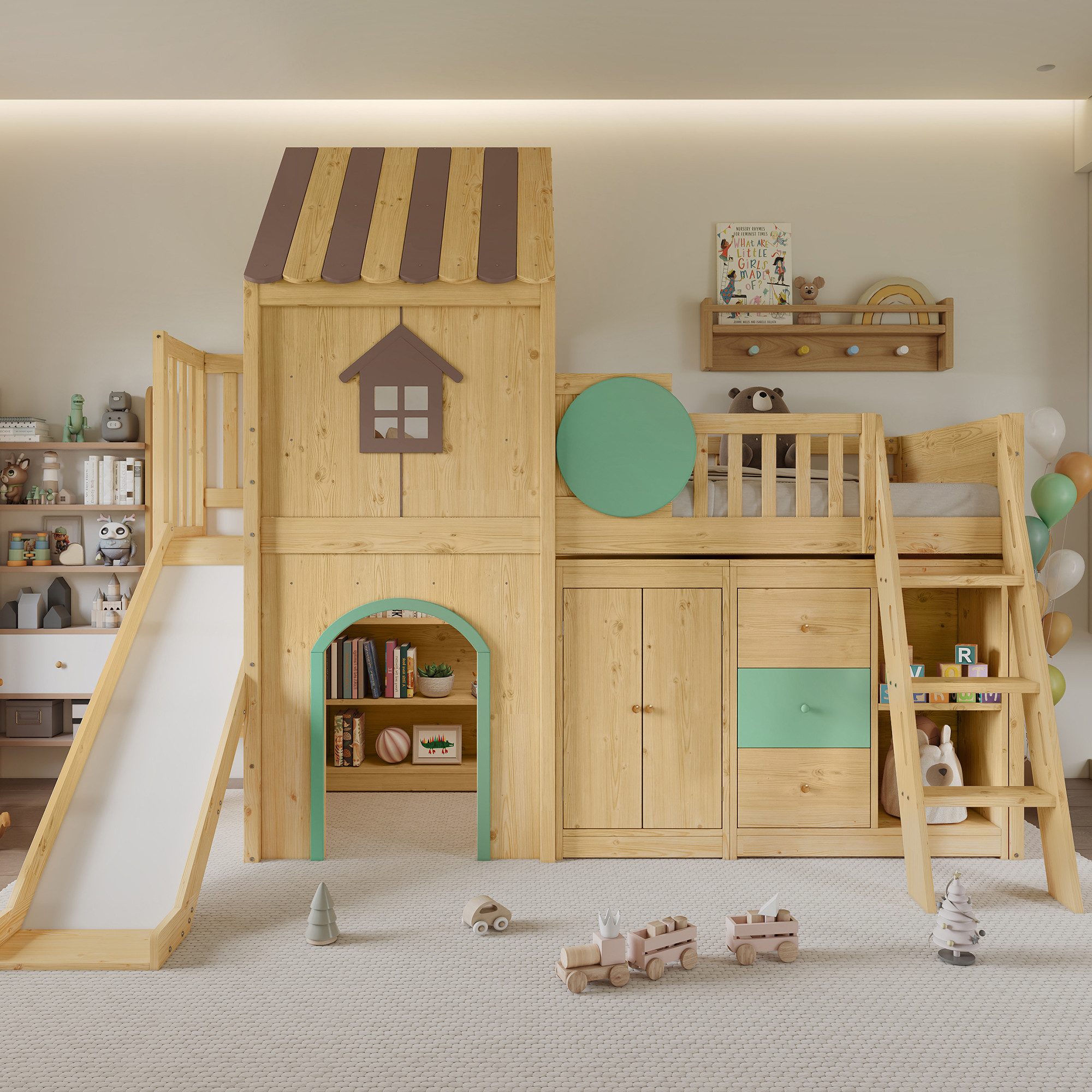 SOFTWEARY Hochbett mit Stauraum und Rutsche (90x200 cm, mit Lattenrost, Bücherregal, Schubladen, Kleiderschrank und Dach) Kinderbett mit Rausfallschutz, Holzbett, Hausbett, Kiefer