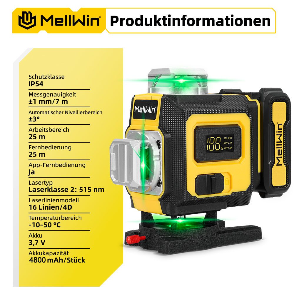 MELLWIN Kreuzlinienlaser 16 Linien Nivellierlaser 4 x 360 ° Laser Wasserwaage mit 2x Batterie, Laserwasserwaage für Innenbau, Fliesen & Holz