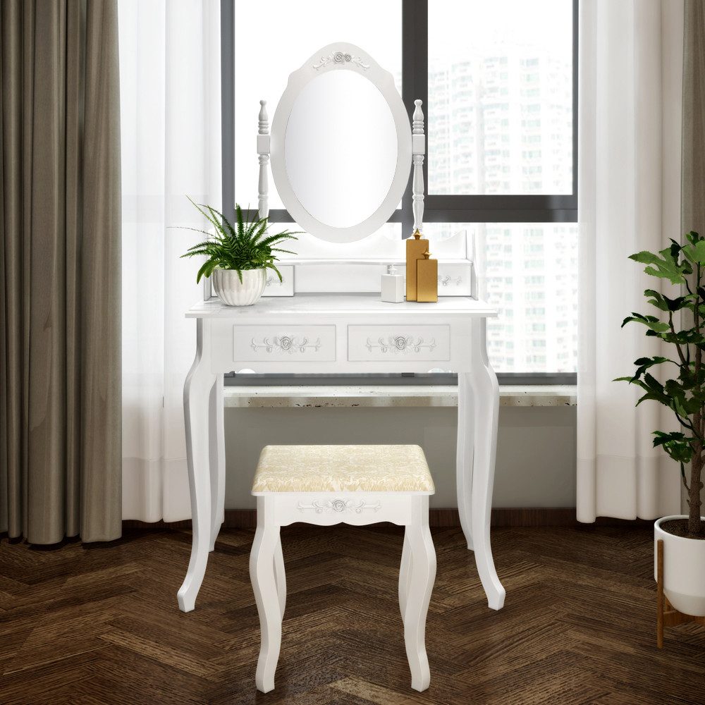 Rutaqian Schminktisch Schminktisch mit Hocker,Abnehmbare Spiegelkommode (multifunktionaler Kosmetiktisch mit 4 Schubladen), Schminktisch-Set mit 360°drehbarem Spiegel (weiß)