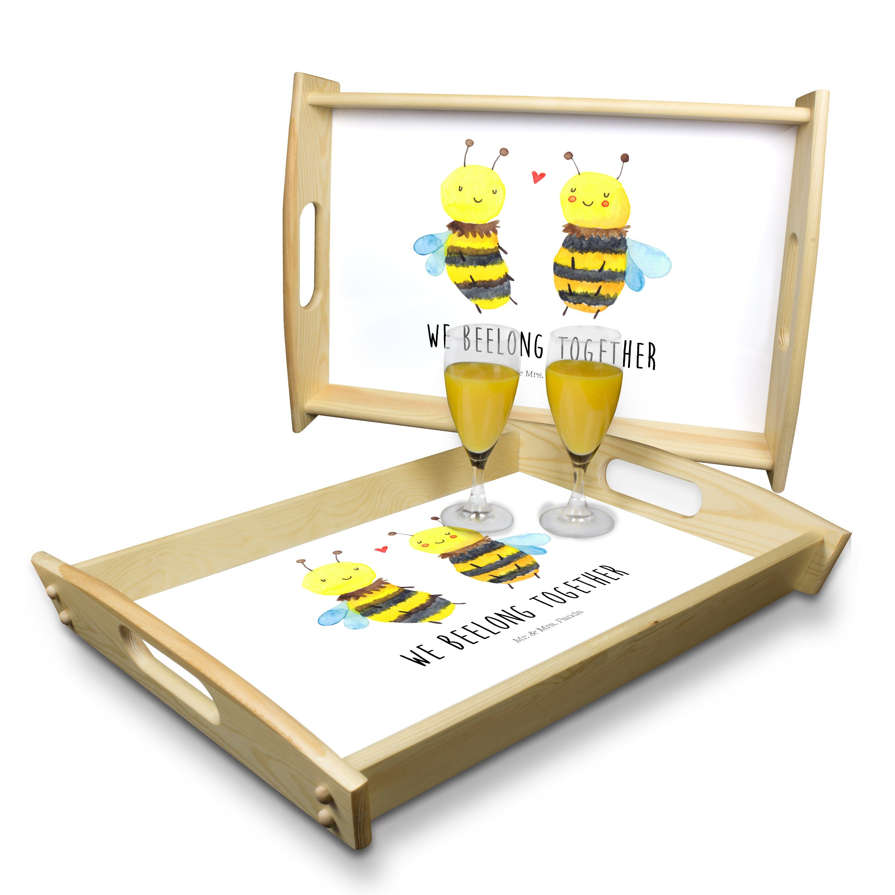 Mr. & Mrs. Panda Tablett Echtholz Küchentablett, (1-tlg) - Geschenk, Hummel, lasiert, Verliebt - Holztablett, Weiß Biene