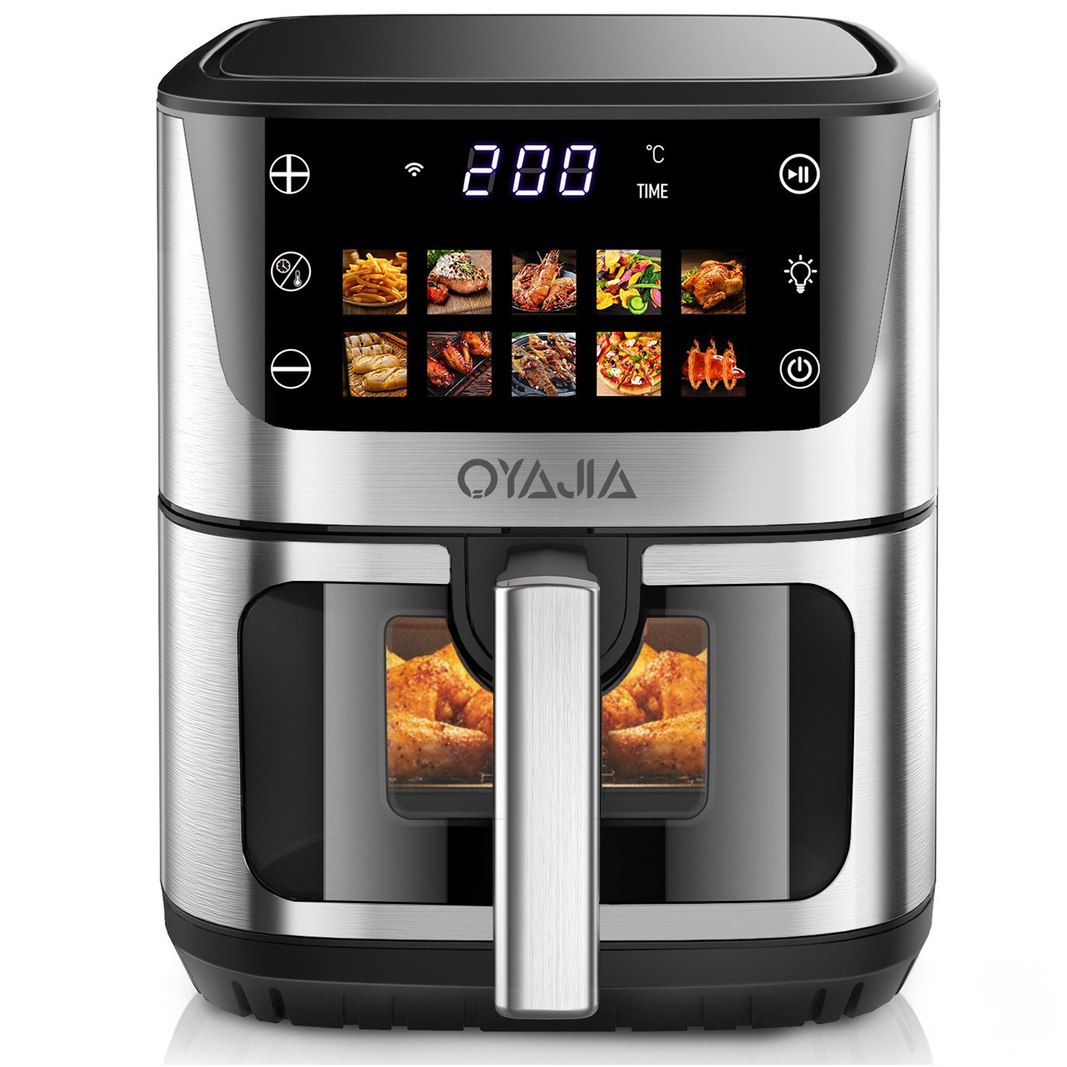 oyajia Heißluftfritteuse 9 Liter XXL Air Fryer, 10in1 Heißluftfritteuse, Farb-LED-Display mit Sensor-Touch Bedienung, fettfreie Zubereitung, inkl. Timer, platzsparend, spülmaschinenfester Korb, 1800,00 W, Heißluftfritteuse ohne Öl, Warmhaltefunktion
