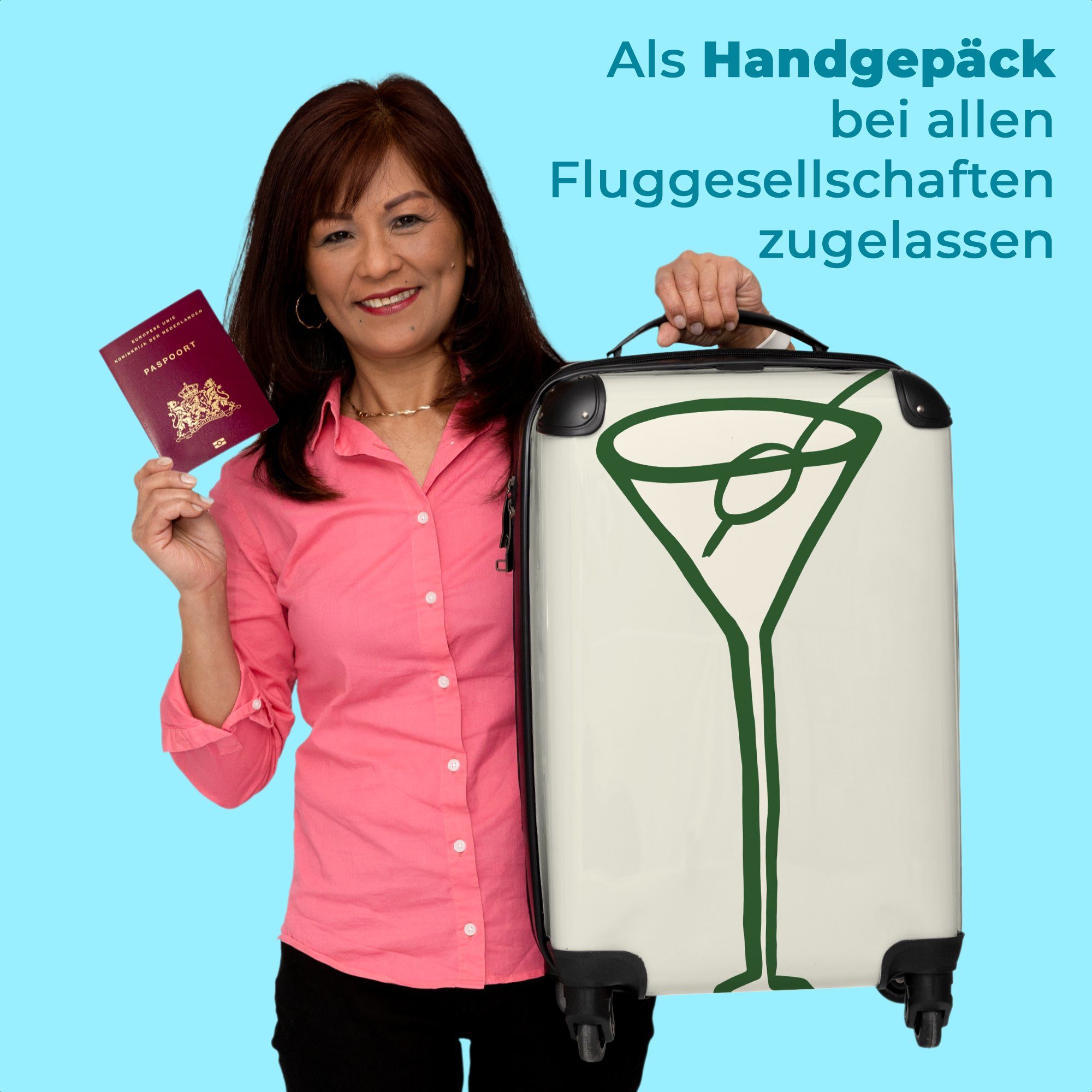 NoBoringSuitcases.com© Handgepäckkoffer 55x35x20cm Cocktail Rollkoffer Rollen, Trolley Reisekoffer Kleine - - 4 Grün, Glas Strohhalm mit 4 - Cabin Handgepäck Rollen 