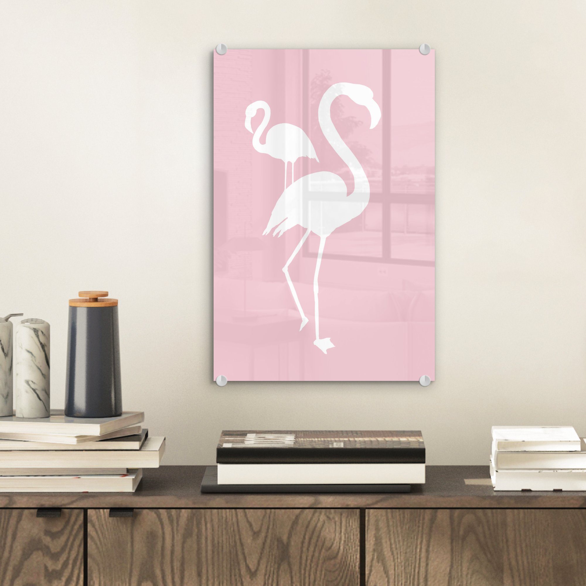 MuchoWow Acrylglasbild - - Weiß (1 - Rosa Wanddekoration auf Flamingo, Bilder - auf Glas bunt St), - Glas Wandbild Foto Glasbilder
