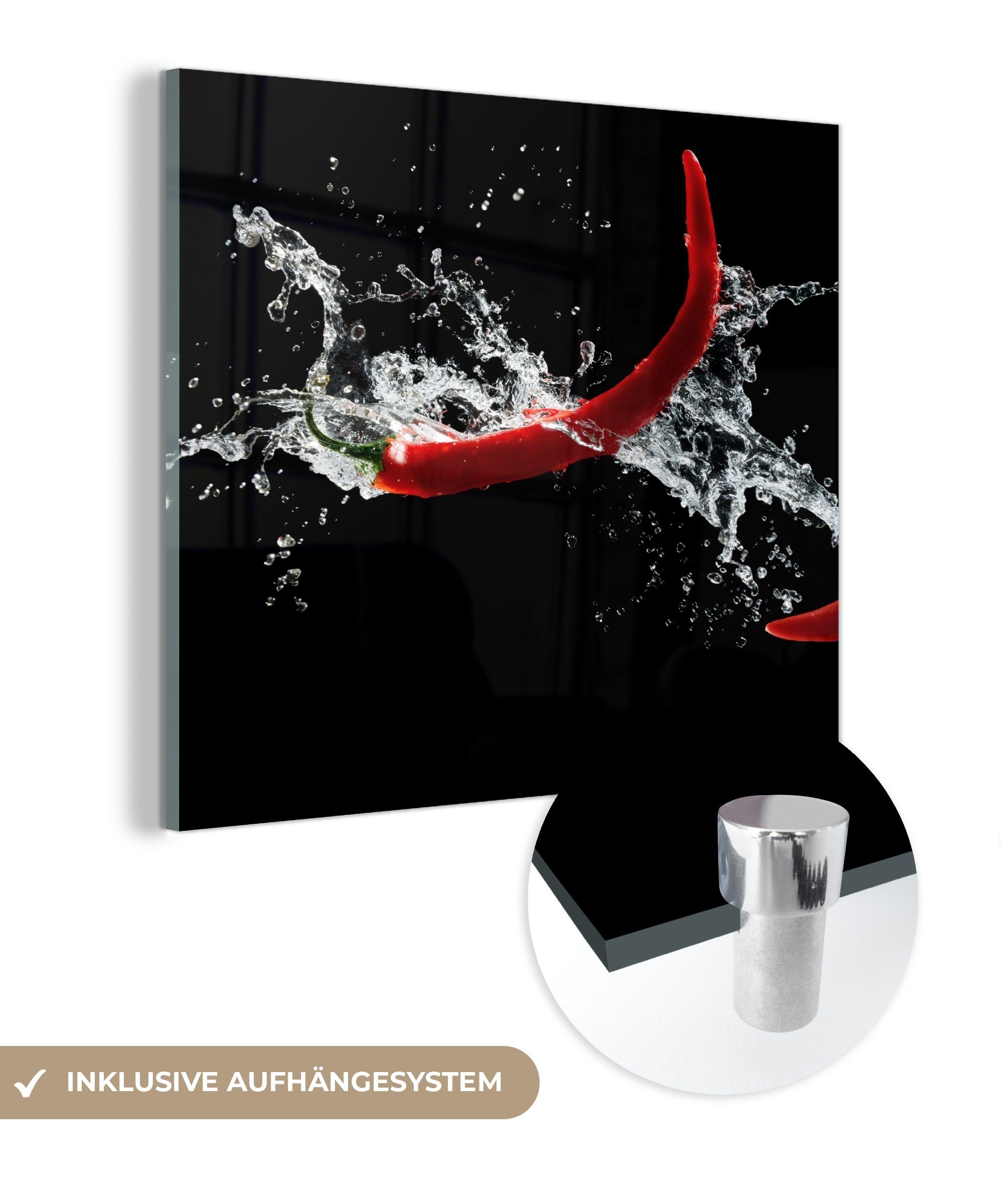 MuchoWow Acrylglasbild Chilischote - Stilleben - Wasser - Schwarz - Rot, Inkl. Aufhängung, Bilder auf Glas Wandbild, Wanddeko Wohnzimmer Badezimmer, 20x20 cm