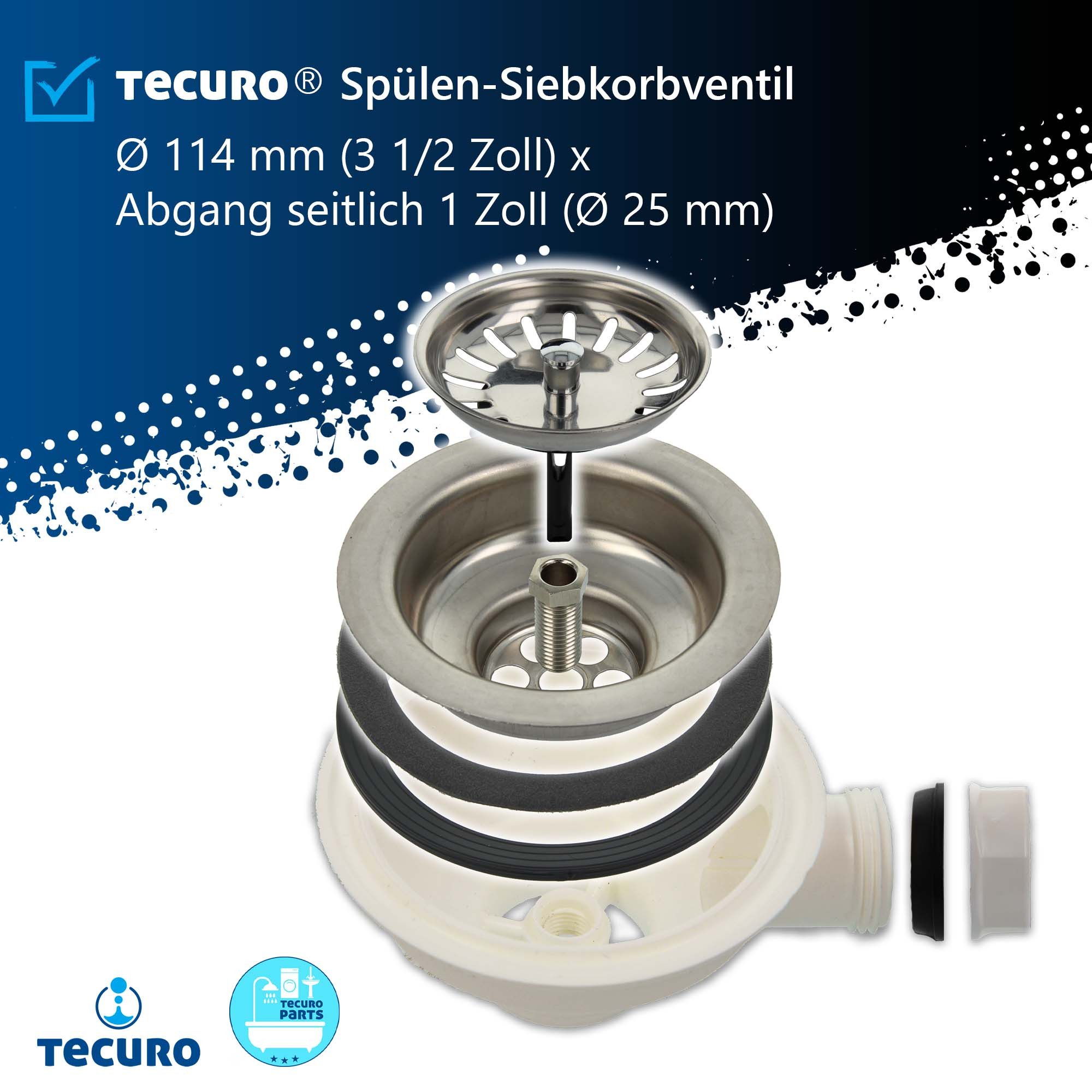 tecuro Siphon Siebkorbventil Ø 114 mm (3 1/2 Zoll) x Abg. seitlich 1 Zoll (25 mm)