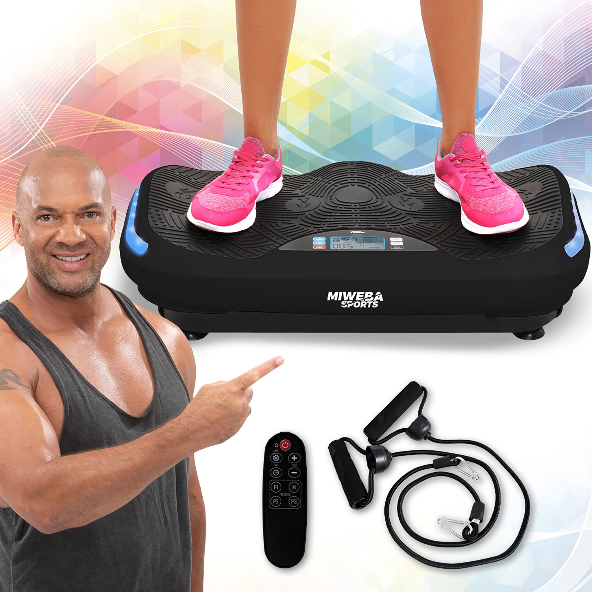 Miweba Sports Vibrationsplatte Profi Vibrationsboard MV300 inkl. Armband Fernbedienung - 4D-Vibration, 800 W, 16 Intensitätsstufen, (LED-Display, 120 kg max. Benutzergewicht, 4D-Wave-Vibration, 3 vordefinierte Trainingsprogramme, drei Vibrationszonen, Bluetooth, 2 Motoren, Power Ropes, extra große Trittfläche, Transportrollen, Transportgriff, LED Beleuchtung, 50 Hz, Ganzkörpertraining, Fettverbrennung, Trainingsgerät, Sportgeräte Fitnessgeräte für Zuhause, 3 tlg), 3 J. Garantie - Fitnessgerät Vibrationstrainer Sportgerät