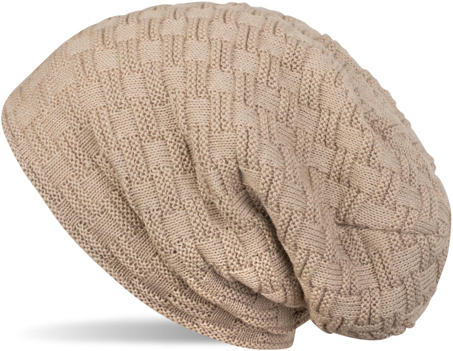 styleBREAKER Strickmütze (1-St) Feinstrick Beanie mit Flecht Muster und Teddyfleece Hellbraun