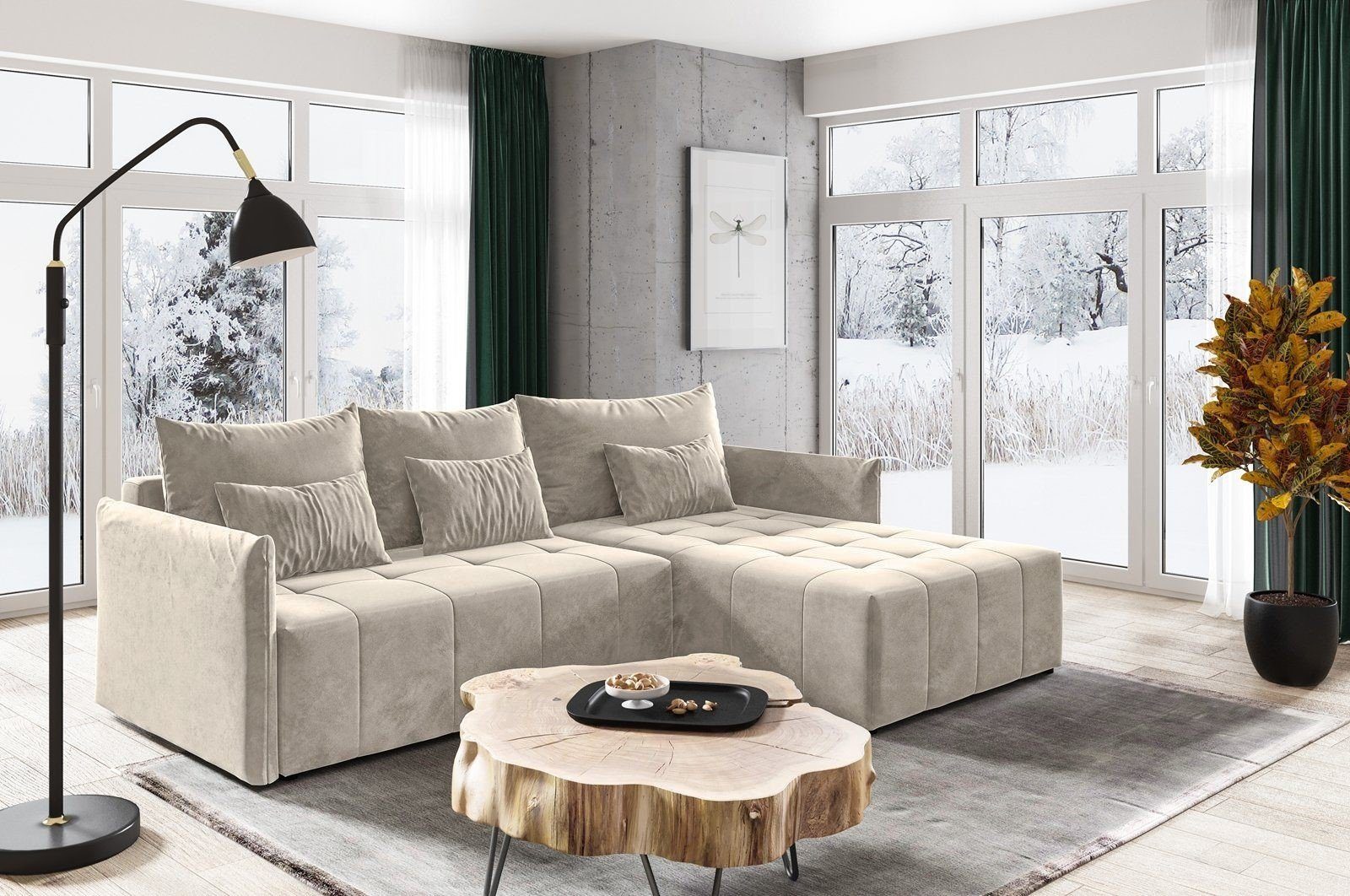 mit Leno 02 Polstersofa, Sofnet Couch, L-Form und Ecksofa L, Wellenfeder Schlafsofa Schlaffunktion Bettkasten, mit Paros