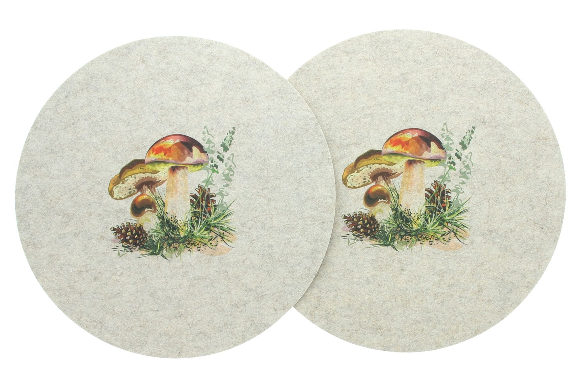 Platzset "Waldpilze" Filz Platzmatte, beige, rund Ø 38 cm, Tischset, Filzmatte