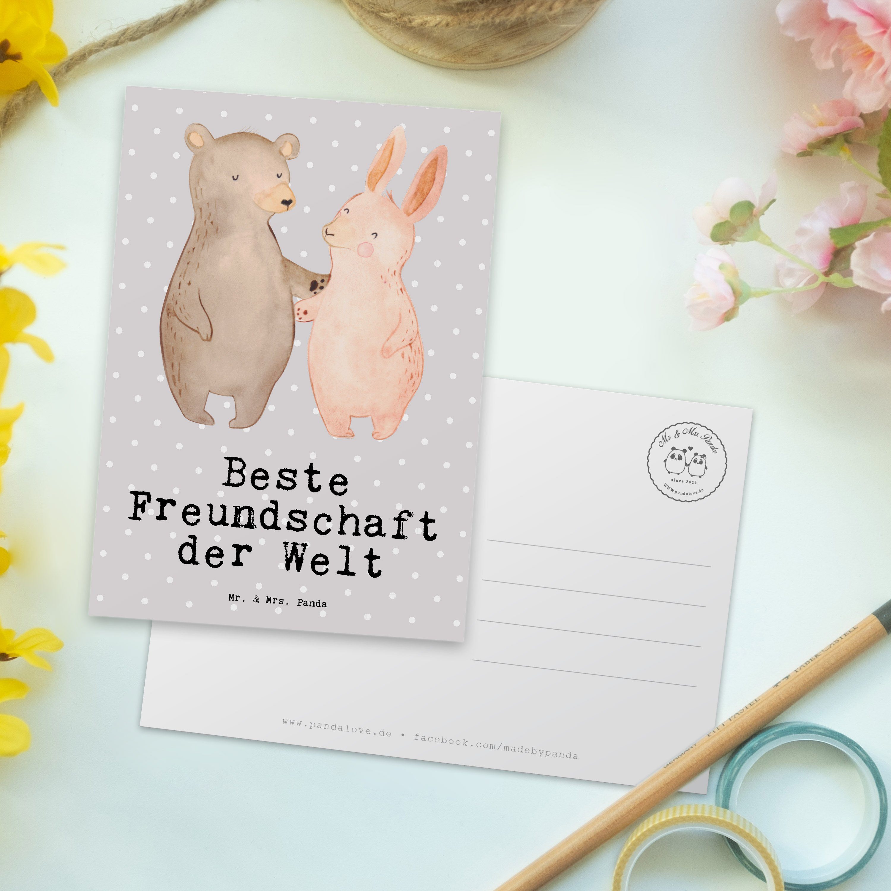 Mr. & Mrs. Panda Postkarte Welt Hase Beste Freunde der Freundschaft - Grau Geschenk, Pastell 
