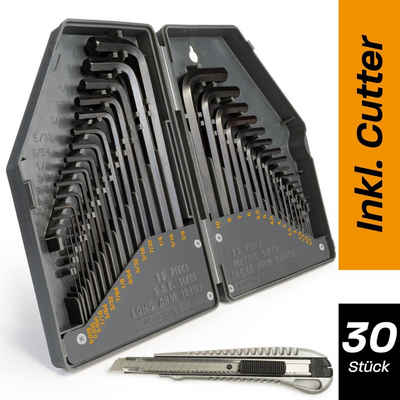 Hinrichs Werkzeugset Hinrichs Sechskantschlüssel Set 30 teilig mit Universalmesser, (30-Tlg. Set), 30 teilig - 0,7 bis 10 mm und 0,028 bis 3/8 Zoll