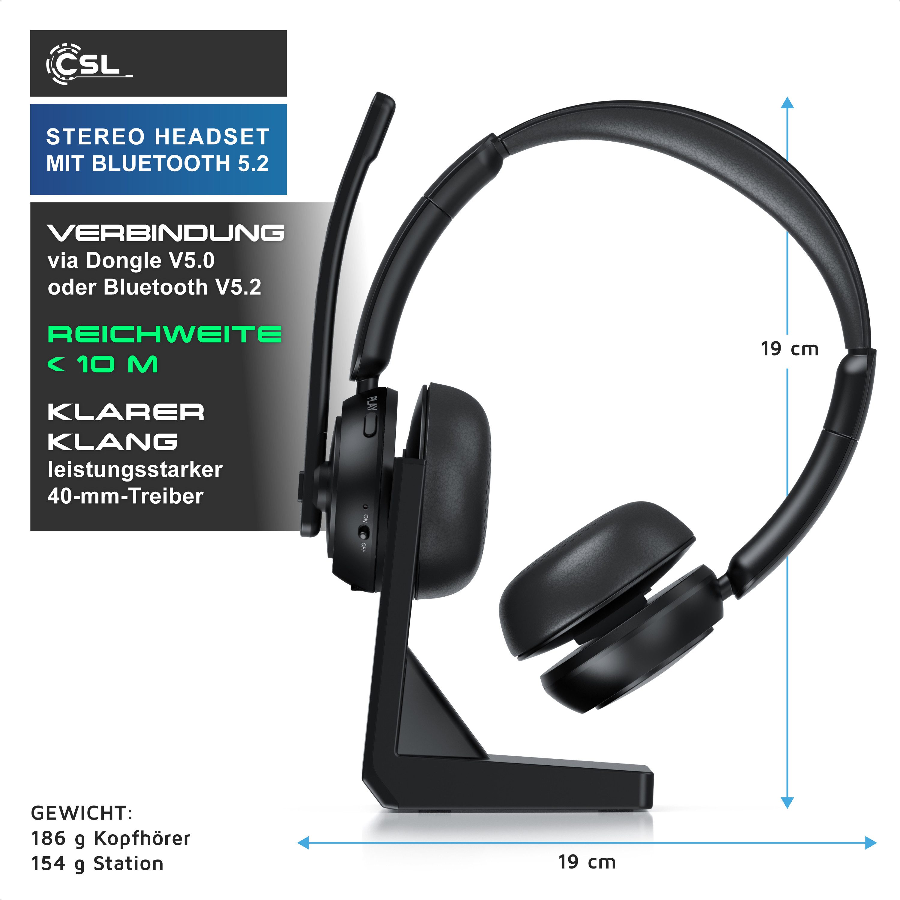 CSL Bluetooth 5.2, Headset kabellos mit Ladestation, 40 h Laufzeit Wireless-Headset (Freisprechfunktion, Sprachassistent, A2DP Bluetooth, Bluetooth, 2,4 Ghz, Multifunktionstaste, Dual Connectivity, Multipoint)