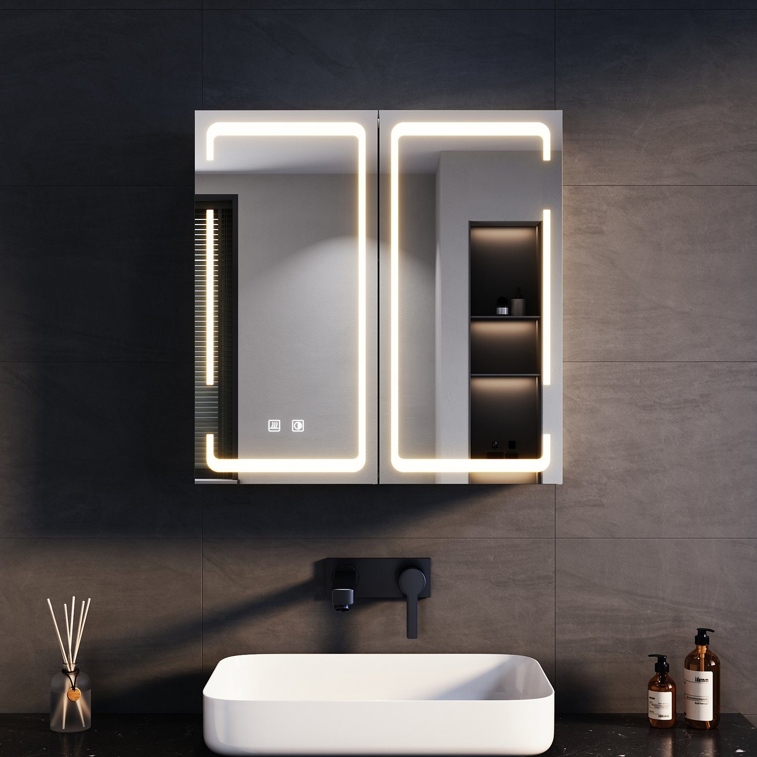 dreifarbig Doppeltüriger Badezimmer-Spiegelschrank beleuchteter SONNI Badezimmerspiegelschrank