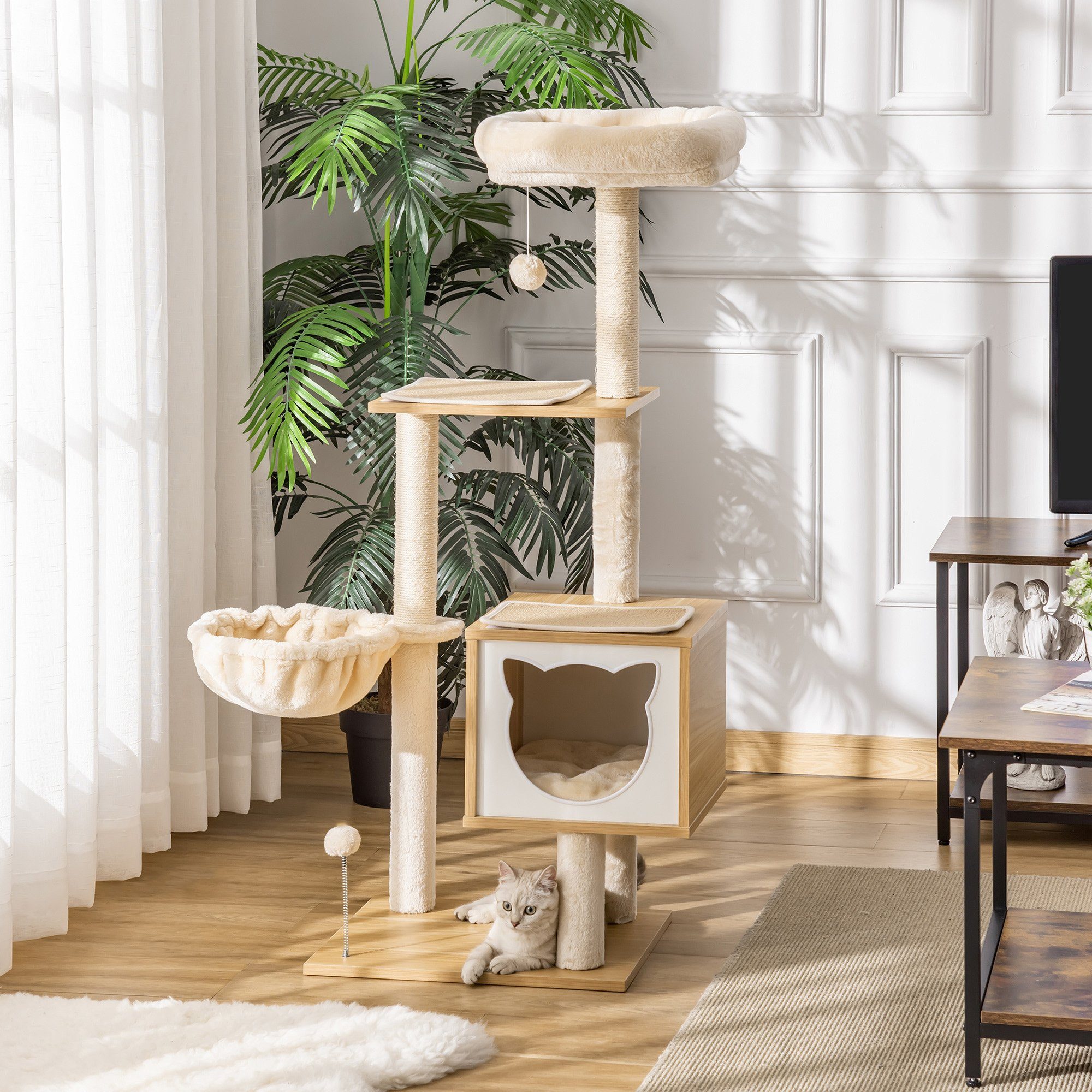 Thumbnail - PawHut Kratzbaum Katzenbaum mit Katzenhöhle Katzenkratzbaum Spanplatte Sisal Beige, Spanplatte, Sisal Kurzplüsch, Beige,...