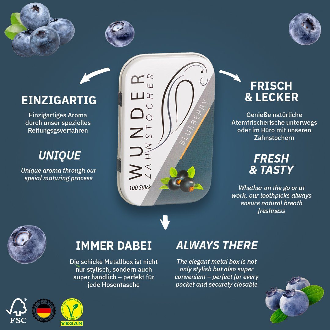 Wunder Zahnstocher Mundpflegecenter Wunder Zahnstocher mit Geschmack - Metalldose - Blaubeere