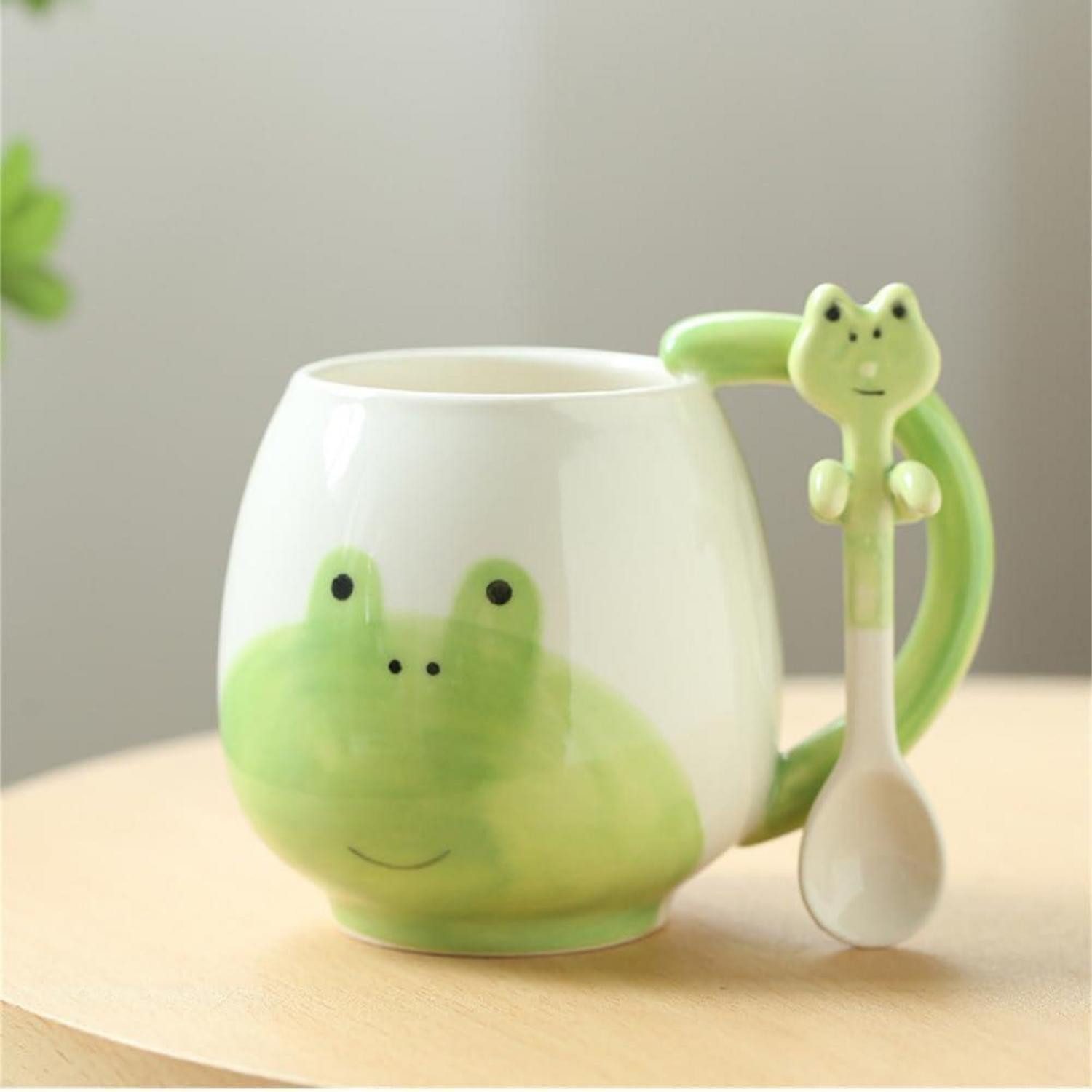 LuxusKollektion Cappuccinotasse Frosch Tasse mit Löffel 420ml Keramik grün, Keramik