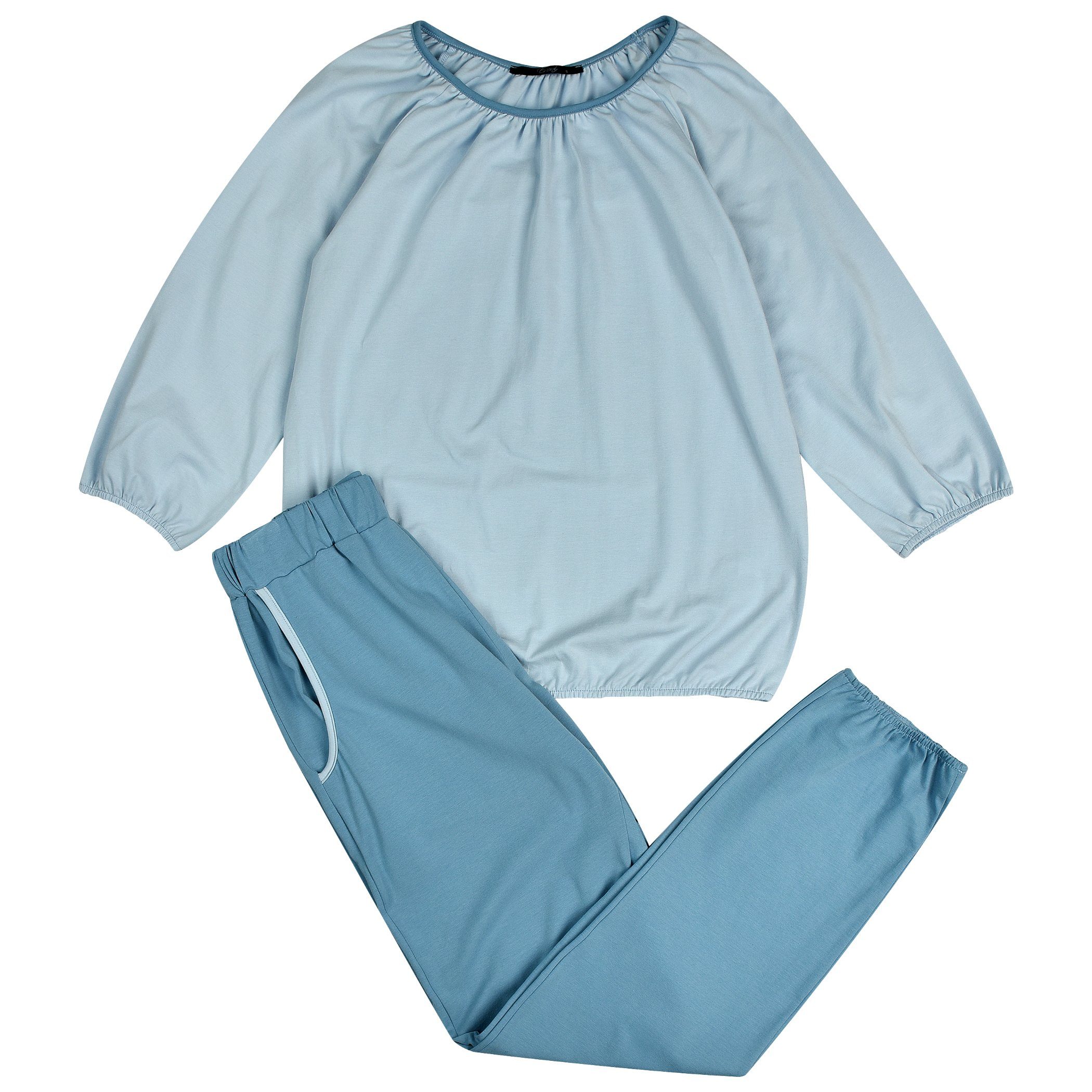 Evoni Pyjama Damen Schlafanzug Lange Hose Langarmshirt blau