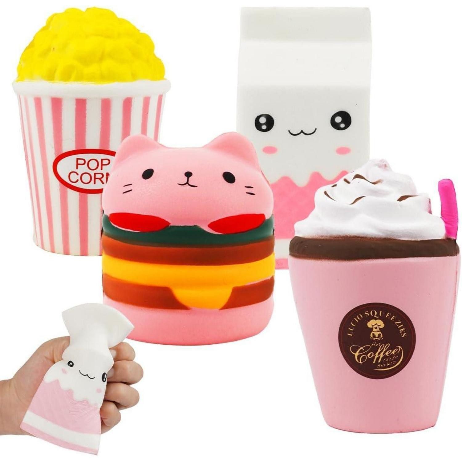 LuxusKollektion Fidget-Gadget 4er Set Squishies Spielzeug Katze Hamburger Eiscreme Popcorn