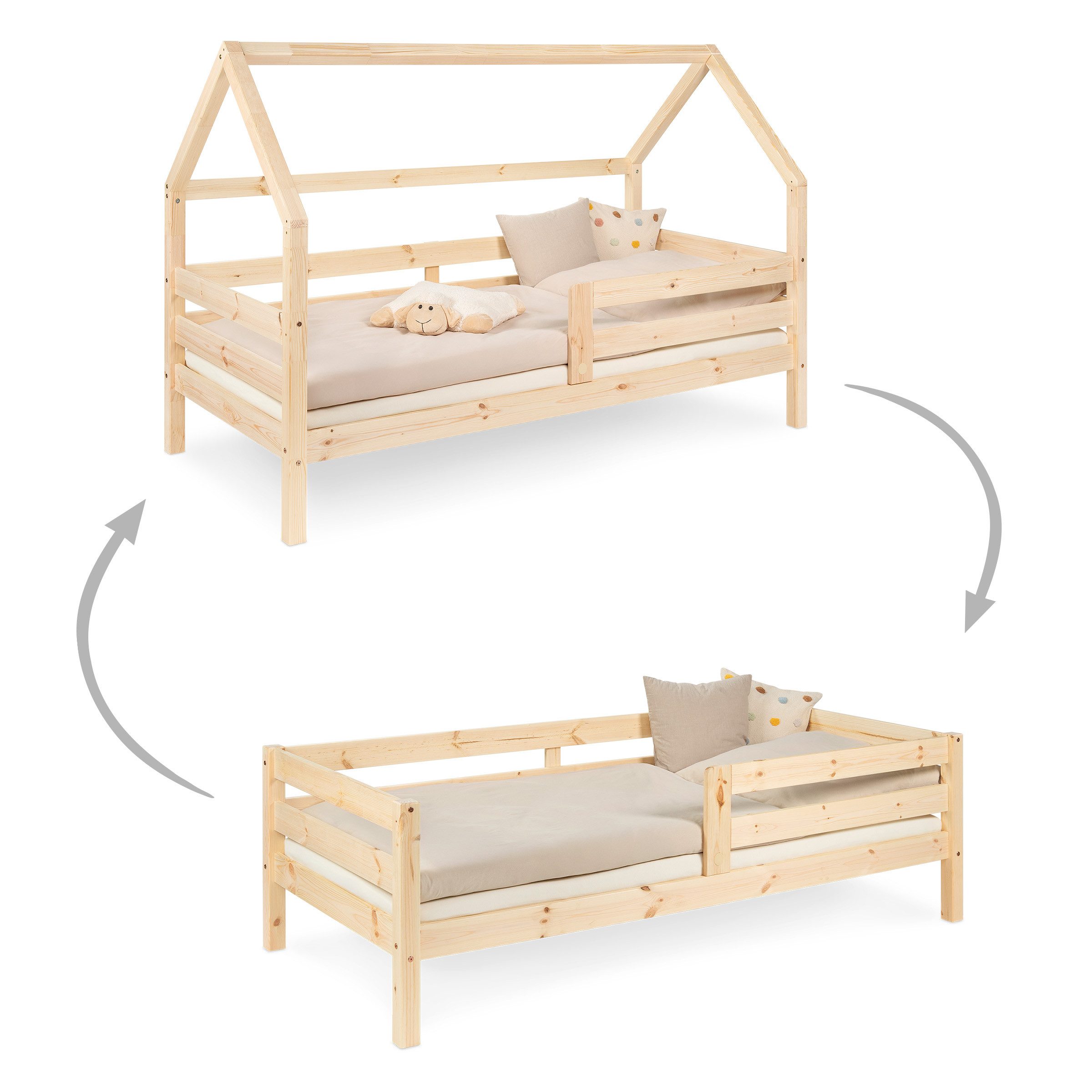 Ehrenkind Hausbett 2in1 Haus- und Kinderbett Sona aus Kiefernholz 90 × 200 cm (Flexibel vom Haus- zum Kinderbett, Natur), Optional mit Bettkasten oder Schubladen