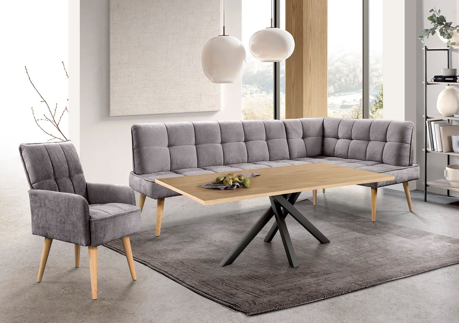 exxpo - sofa fashion Eckbank Latte, moderne Sitz- und Rückensteppung, bequem und elegant, hoher Holzfuß