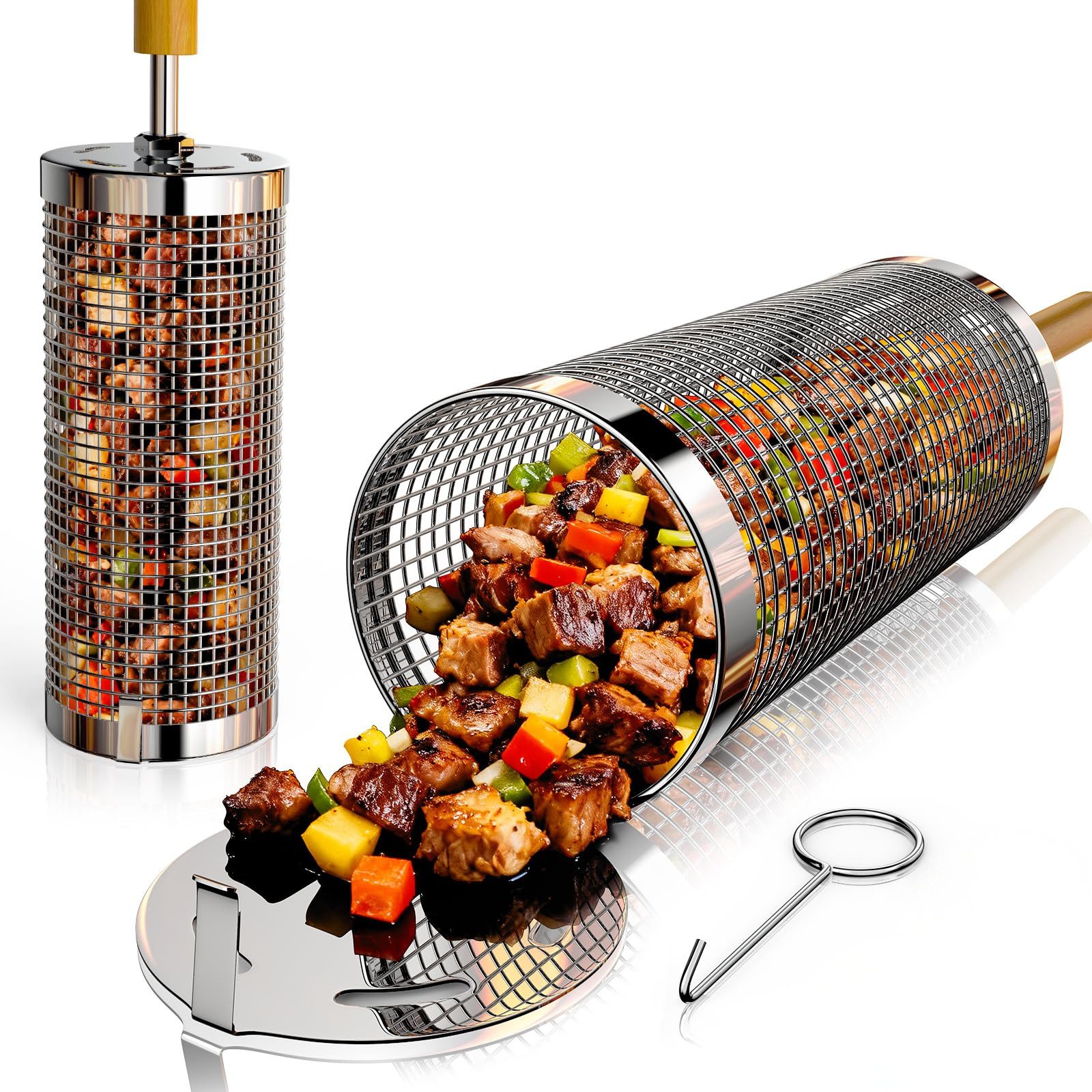 Kityhome Grillspieß 2er Set Grillbesteck 304 Edelstahl, rund, abnehmbarer Holzgriff (3-St), für Gemüse & Meeresfrüchte,360° gleichmäßiges Grillen