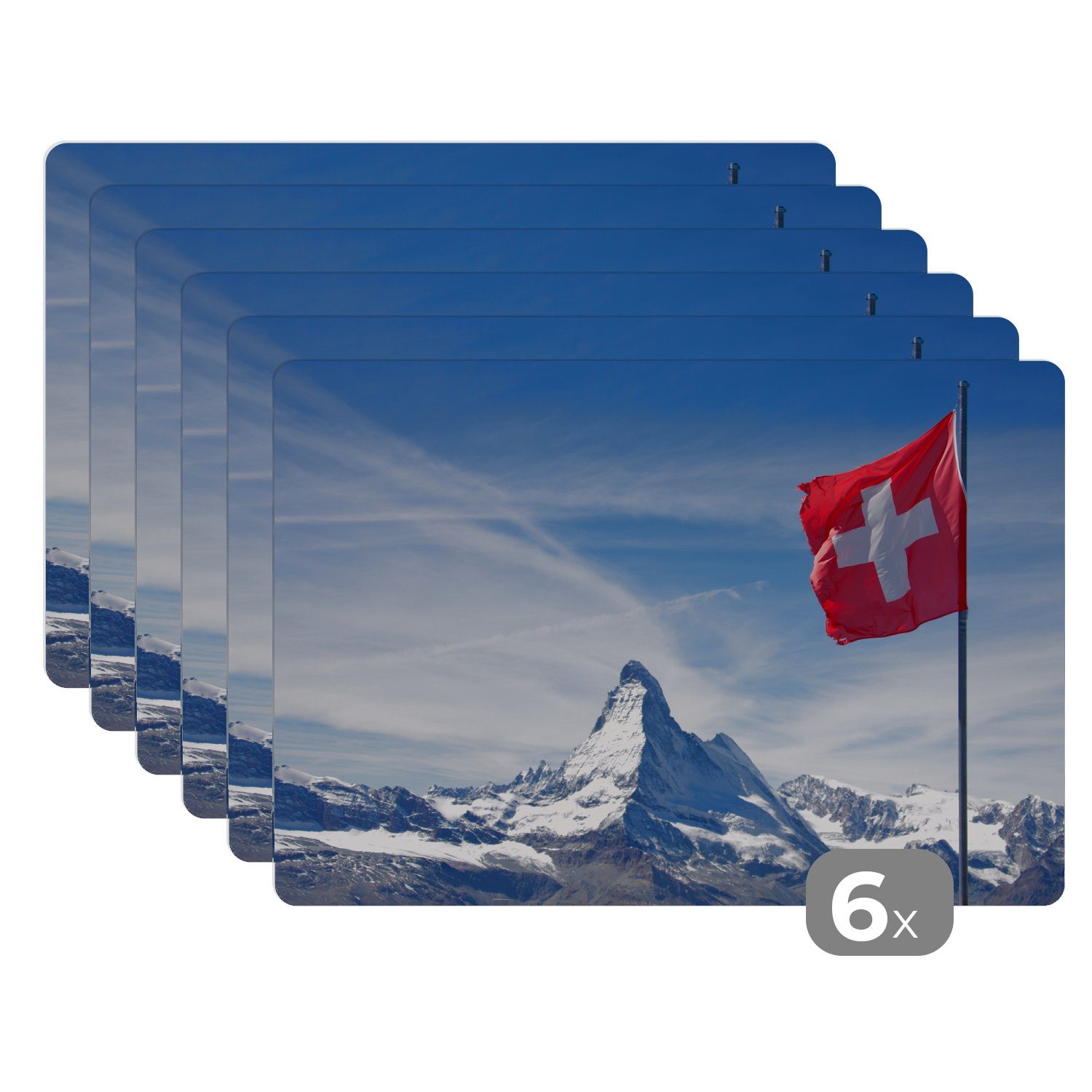 Platzset, Schweizer Flagge am Matterhorn in der Schweiz, MuchoWow, (6-St), Platzset, Platzdecken, Platzmatte, Tischmatten, Schmutzabweisend