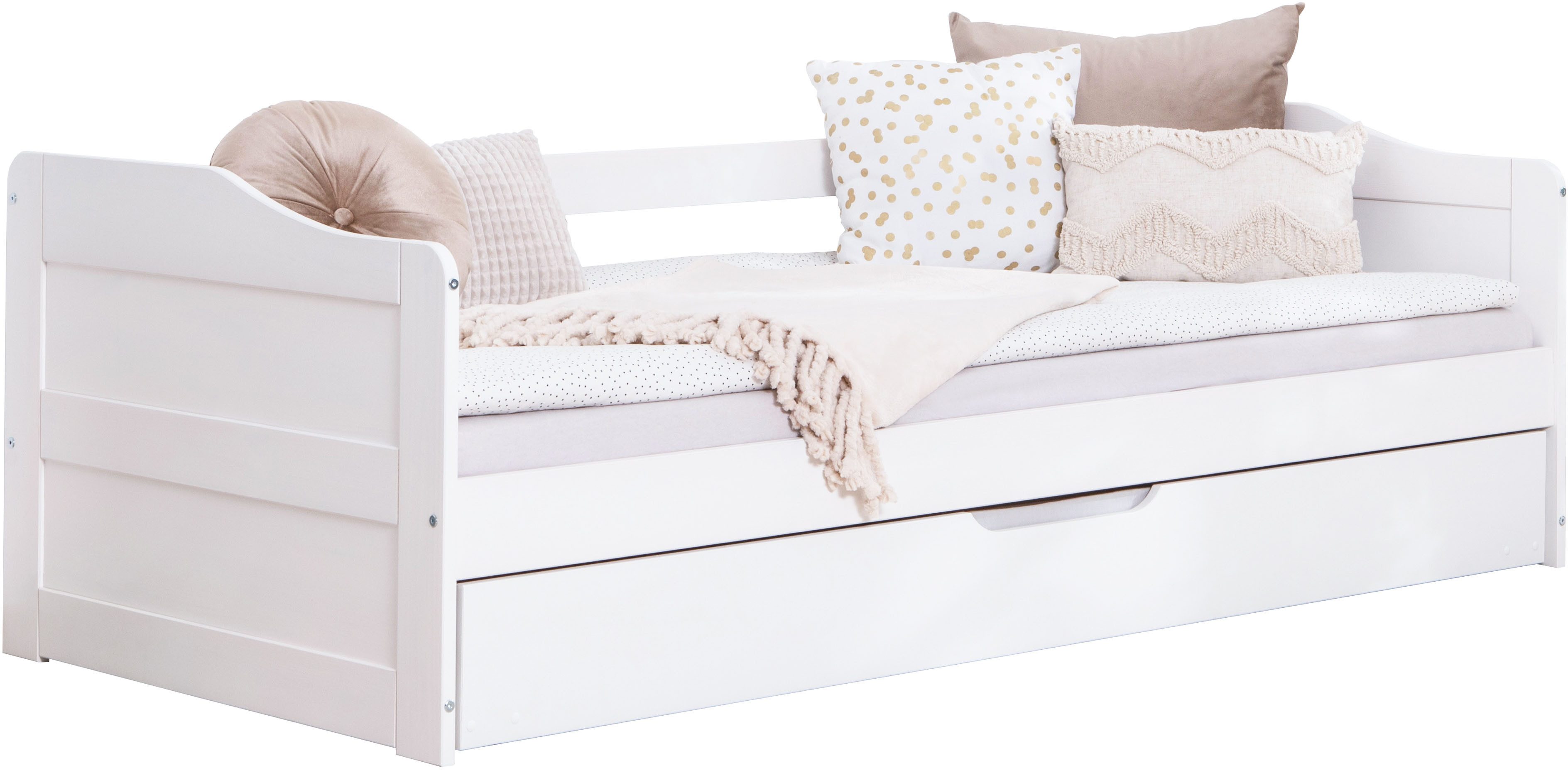 Ticaa Funktionsbett Melinda, Daybett, Jugendbett, 2 Schlafplätze, Schublade auf Rollen, FSC®-zertifizierte Kiefer, 2 Rollroste, Massivholz. € 289,99