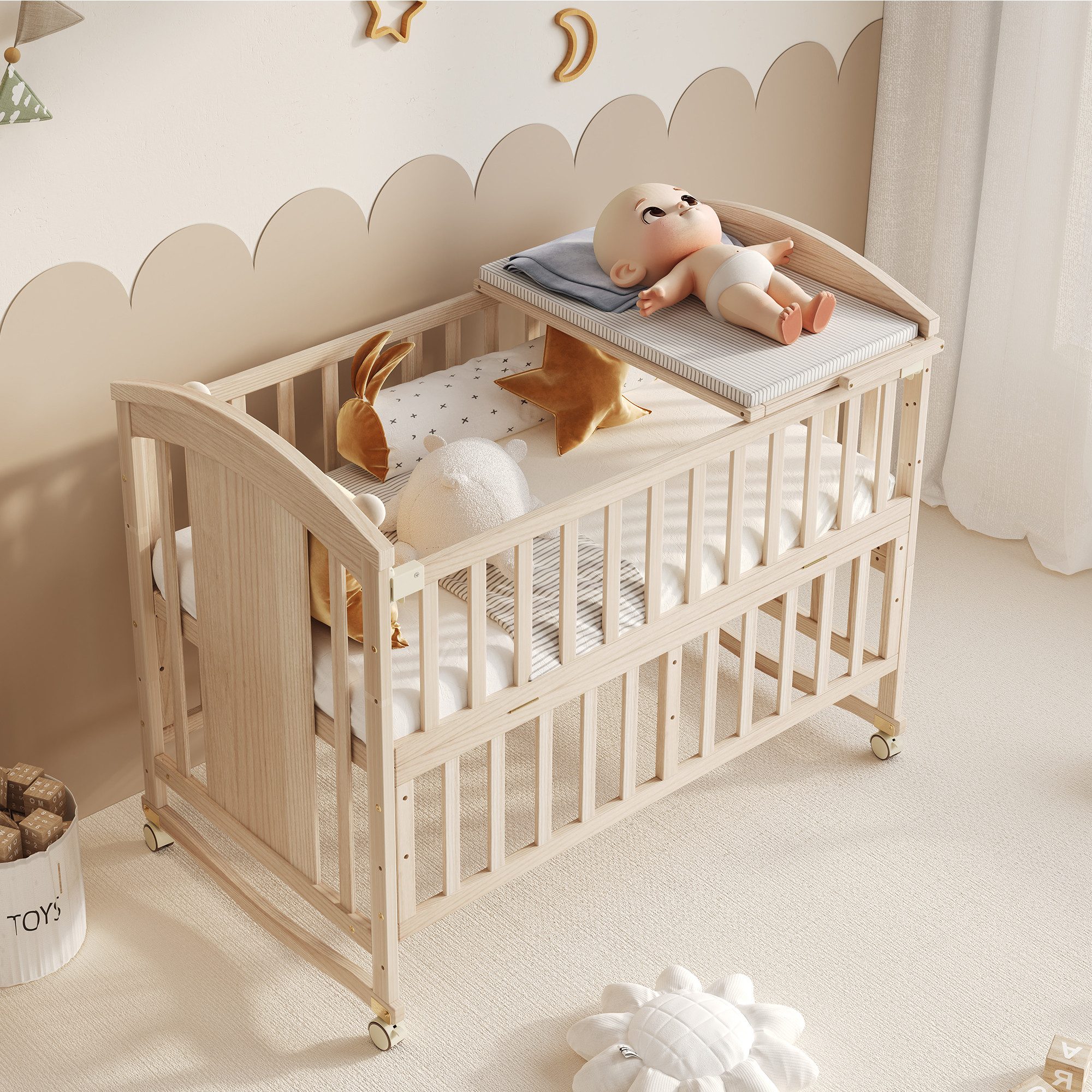 HAUSS SPOLE Babybett mit Wickeltisch,Holz-Babynetzbett Nebenbett mit klappbarem Ablagerack, als Nebenbett mit Roll aus massivem Kiefernholz