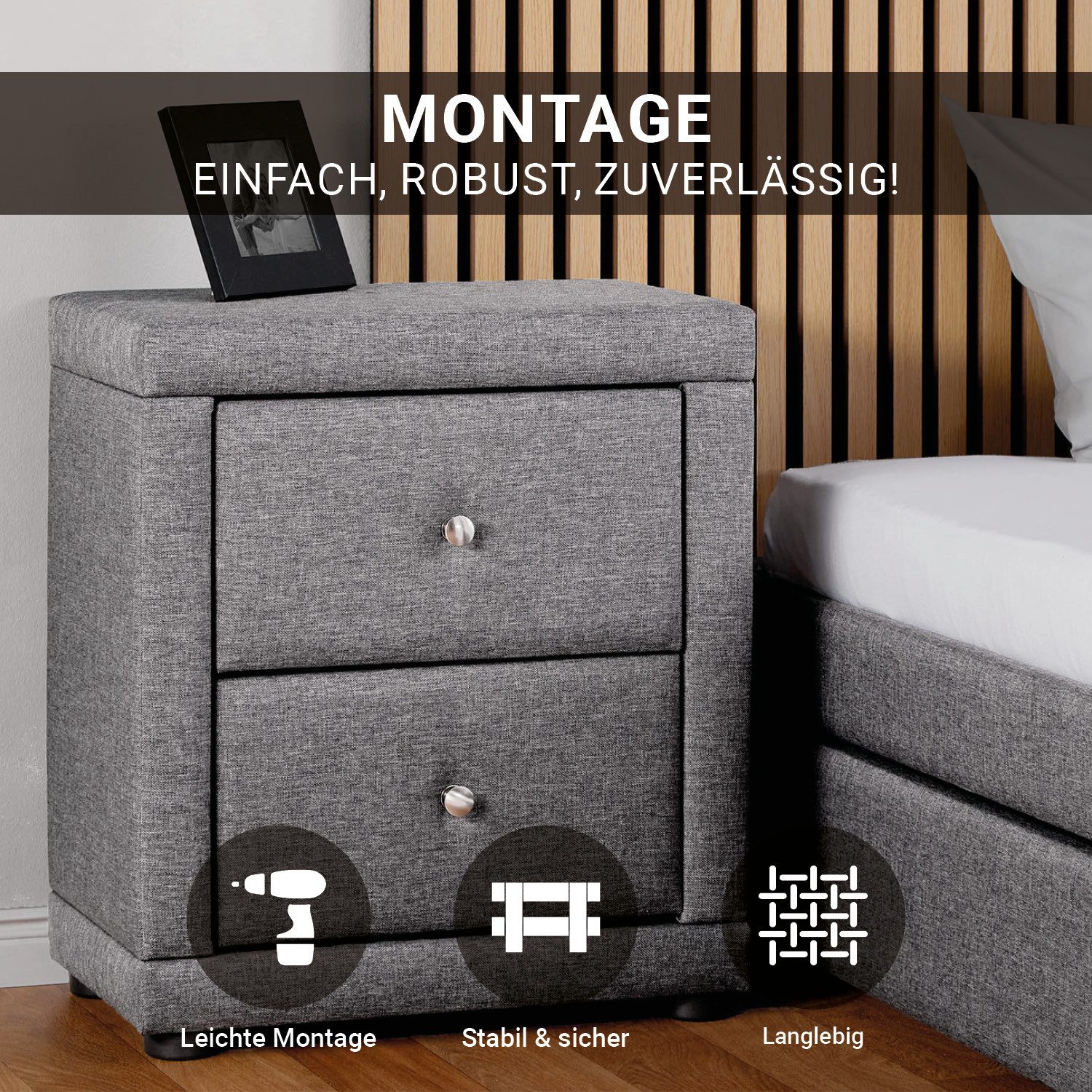 Homestyle4u Nachttisch mit 2 Schubladen Stoff Grau 1 oder 2 Nachtkonsolen K günstig online kaufen