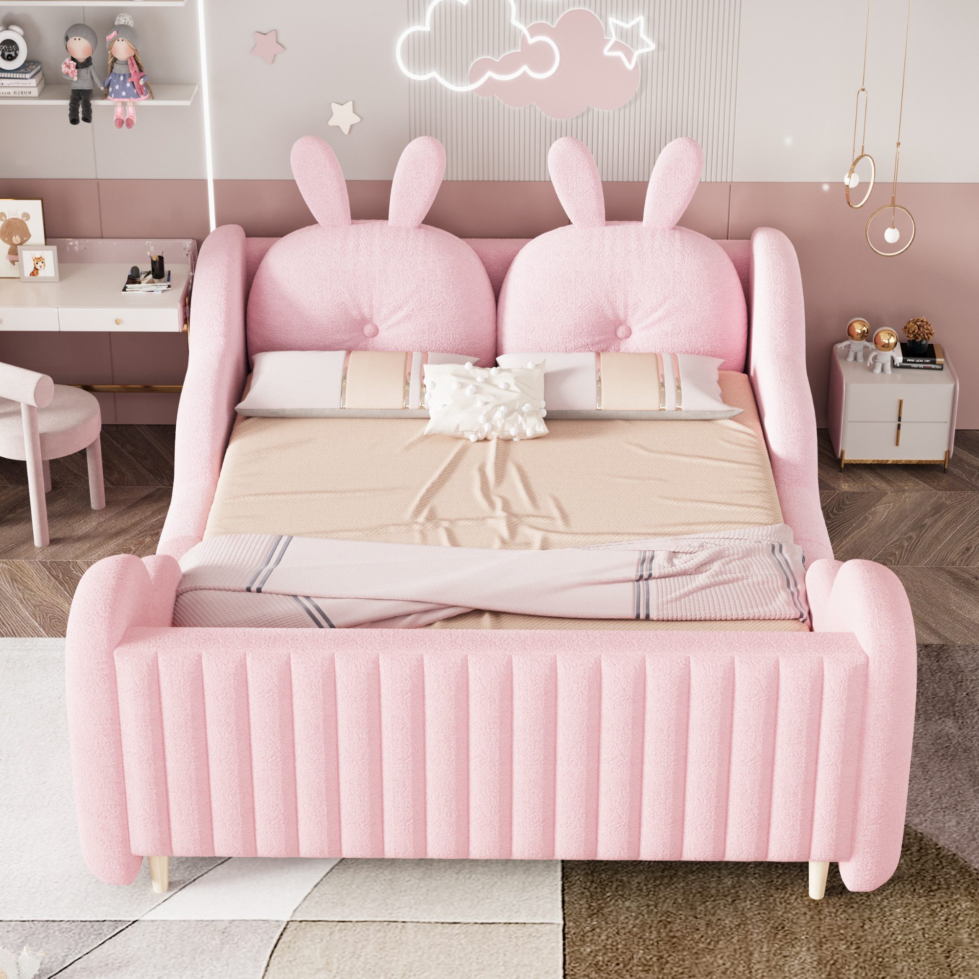 Merax Polsterbett (1-tlg., gepolstertes Plattformbett Bodenbett aus Teddysamt), Kinderbett 140x200 mit Lattenrost, Kaninchenkissen und Rausfallschutz