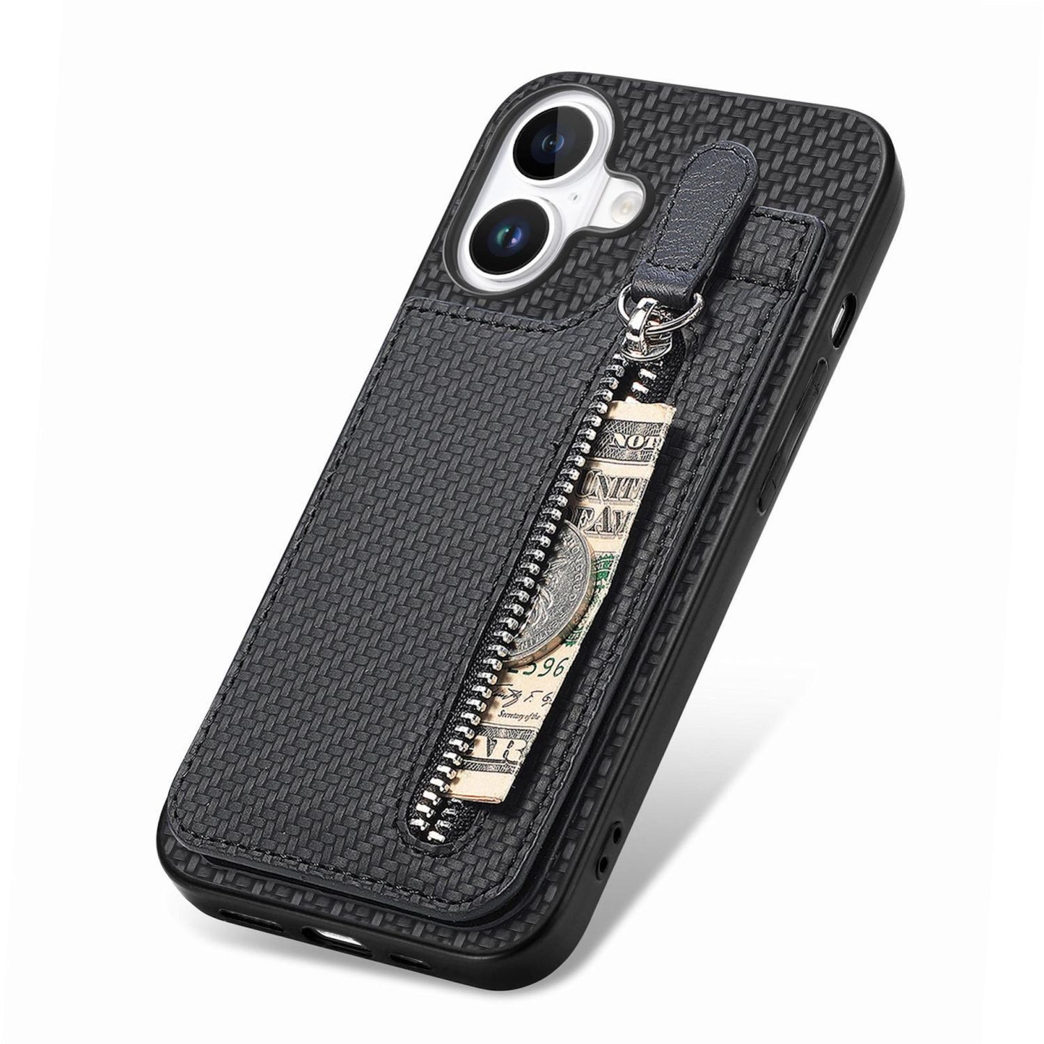 Wigento Handyhülle Für Apple iPhone 17 Carbon Look Vertikal Flip Kunstleder Hülle Schwarz, Reißverschlussfach, Kartenfächer, stoßfest – Bild 4 von 5